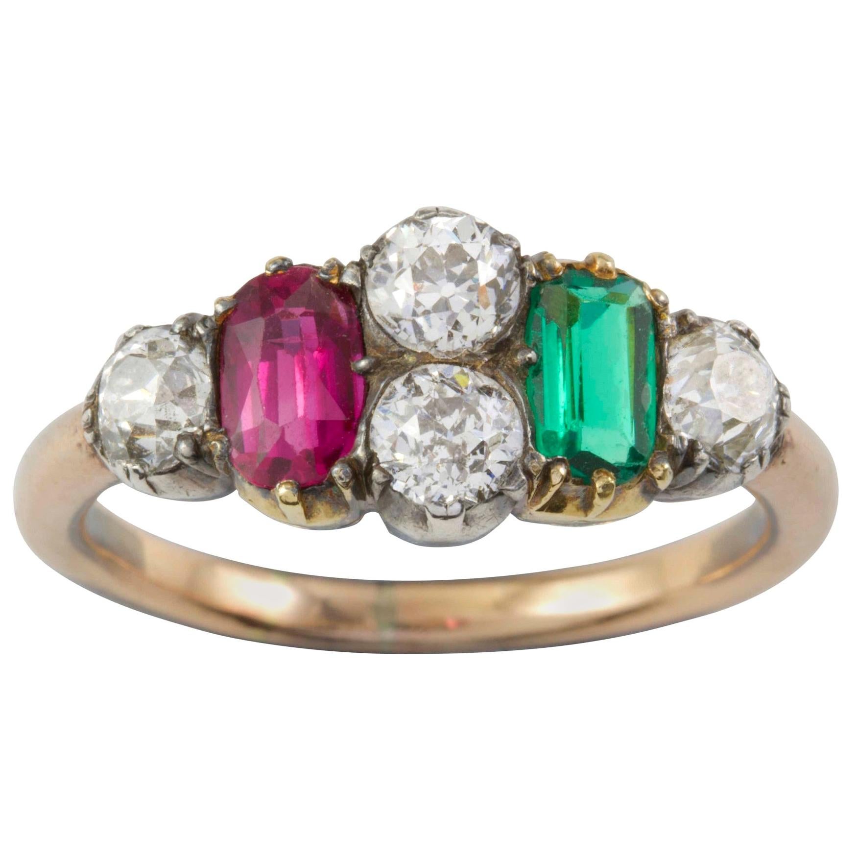 Early Victorian Ruby, Emerald and Diamond Ring For Sale