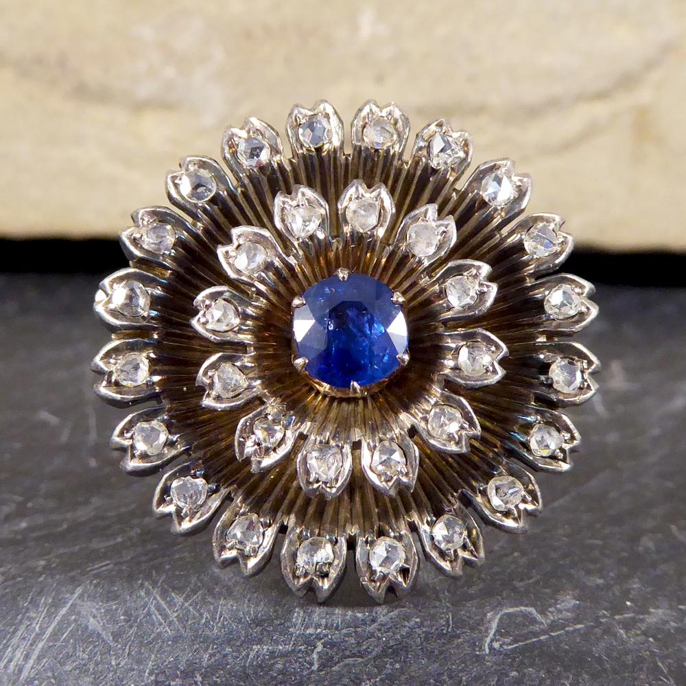Such a great antique piece hand crafted in the Early Victorian era. This lovely brooch is featuring a single radiant blue Sapphire weighing 0.85ct, with an array of Rose Cut Diamonds weighing a total of 0.35ct. It has been hand crafted with a 14ct