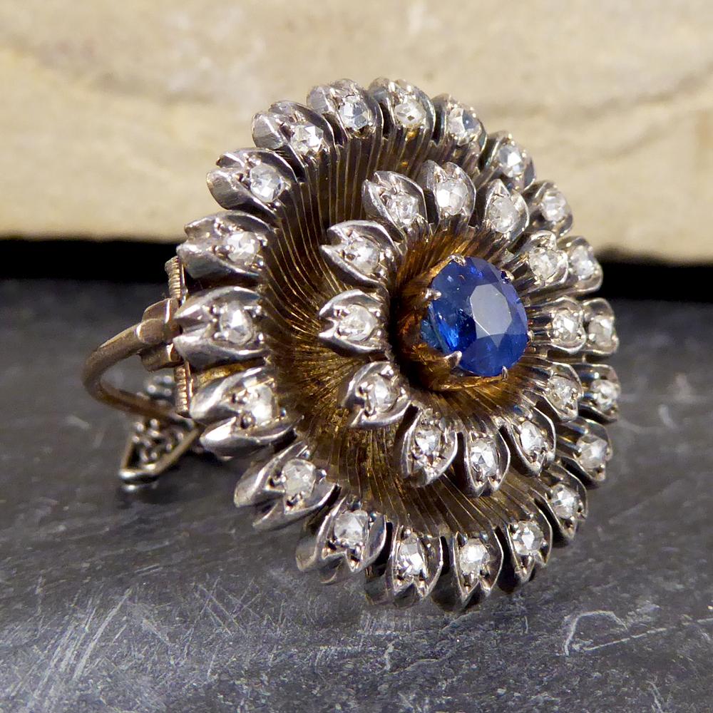 Rose Cut Early Victorian Sapphire and Diamond Brooch in 14 Carat Yellow Gold and Silver