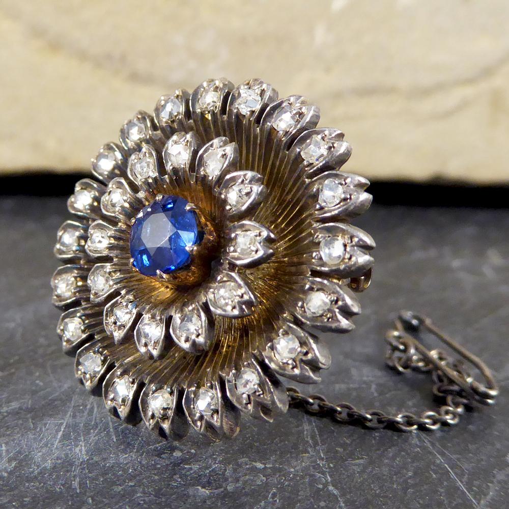 Early Victorian Sapphire and Diamond Brooch in 14 Carat Yellow Gold and Silver 1