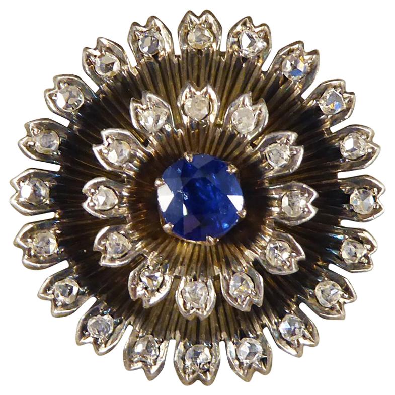 Early Victorian Sapphire and Diamond Brooch in 14 Carat Yellow Gold and Silver