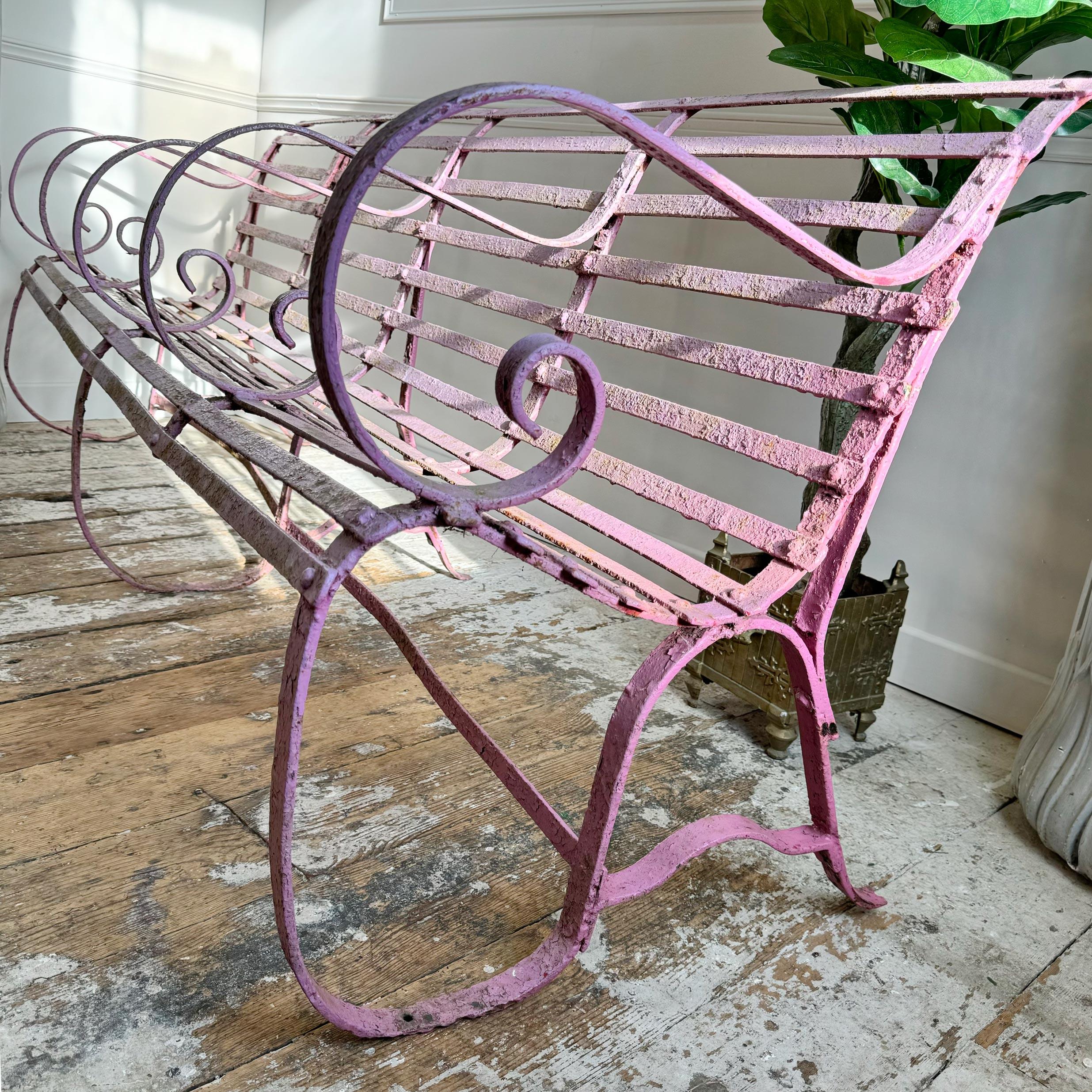 Early Victorian Scroll Arm Wrought Iron Pink Bench of Exceptional Proportions For Sale 5