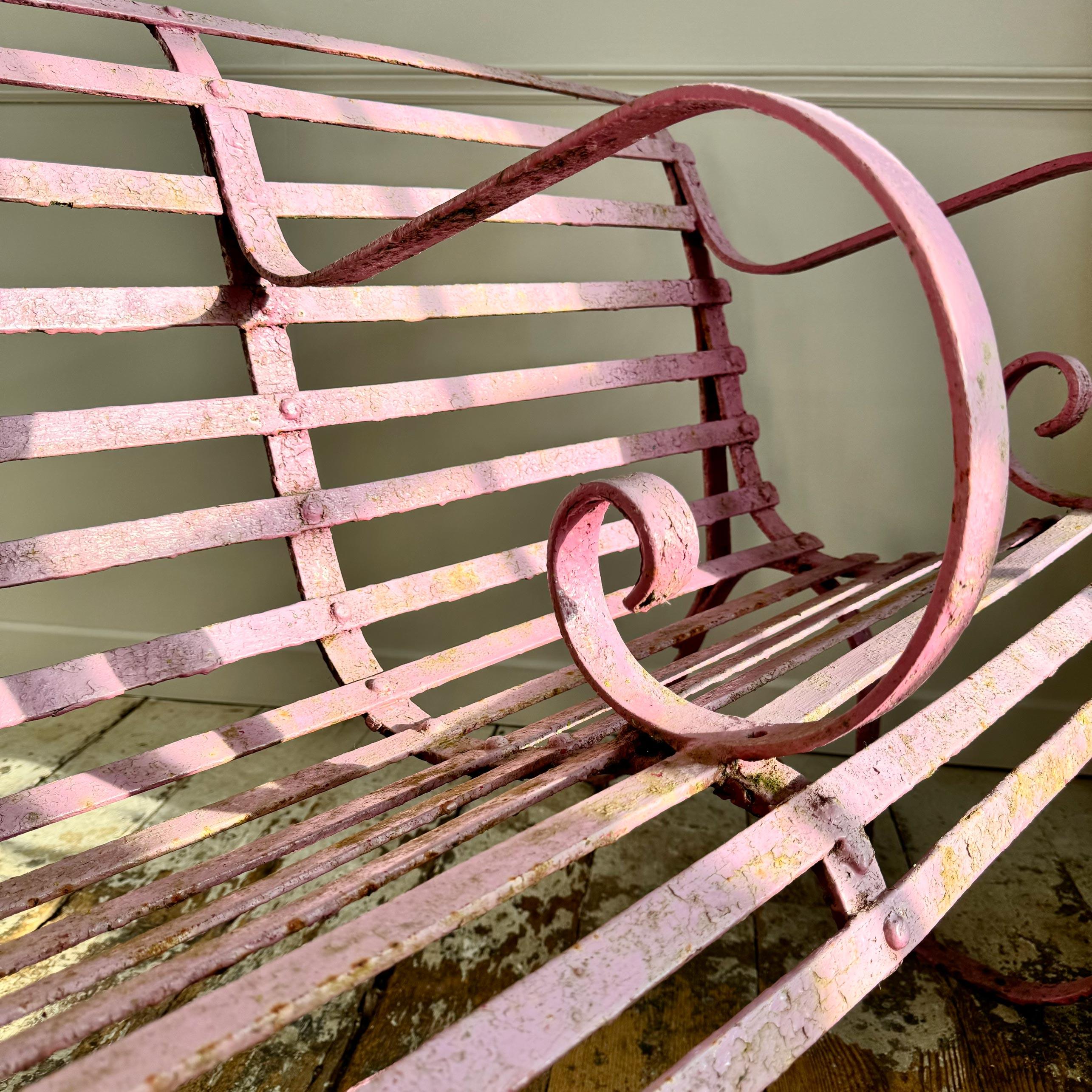 Early Victorian Scroll Arm Wrought Iron Pink Bench of Exceptional Proportions For Sale 6