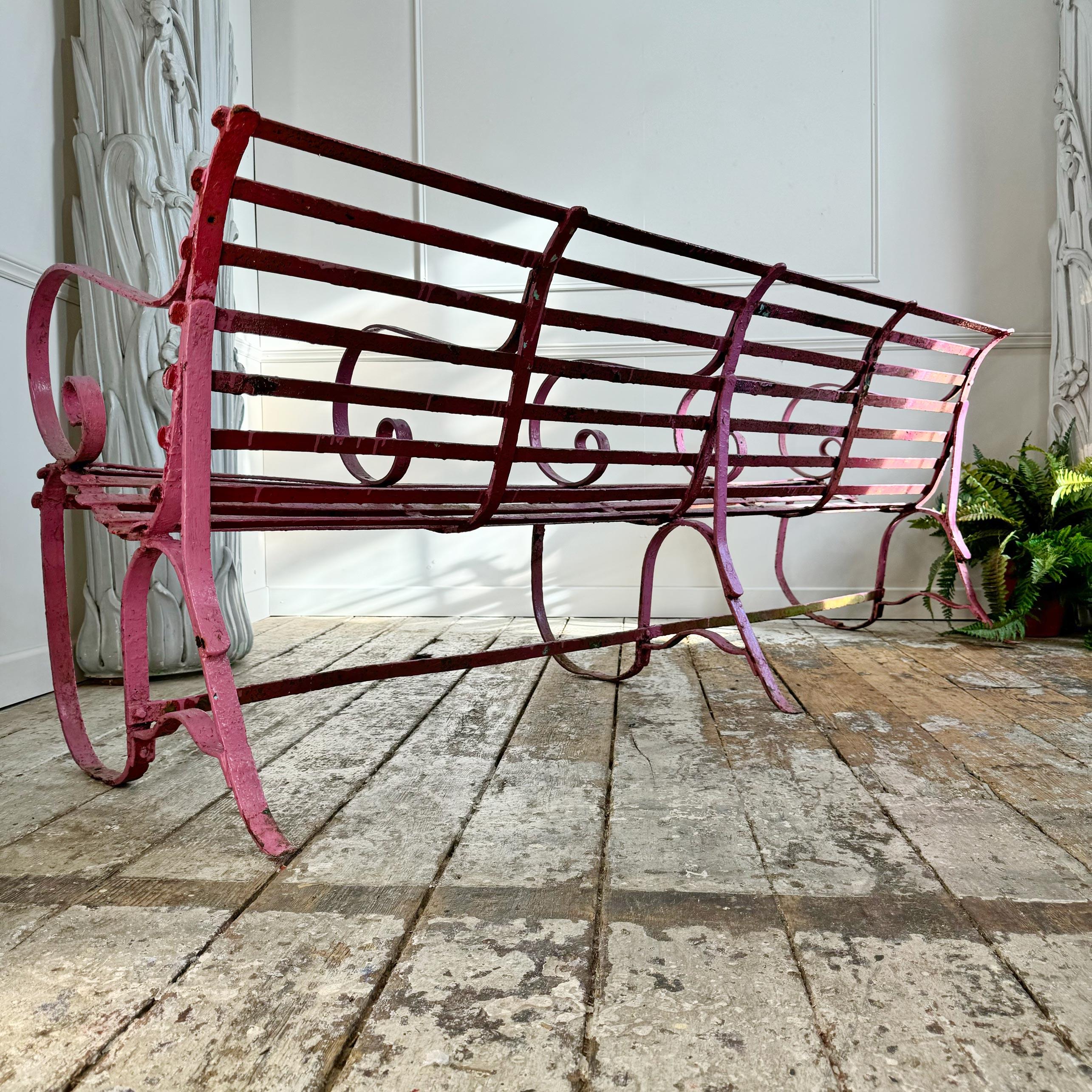 Early Victorian Scroll Arm Wrought Iron Pink Bench of Exceptional Proportions For Sale 7