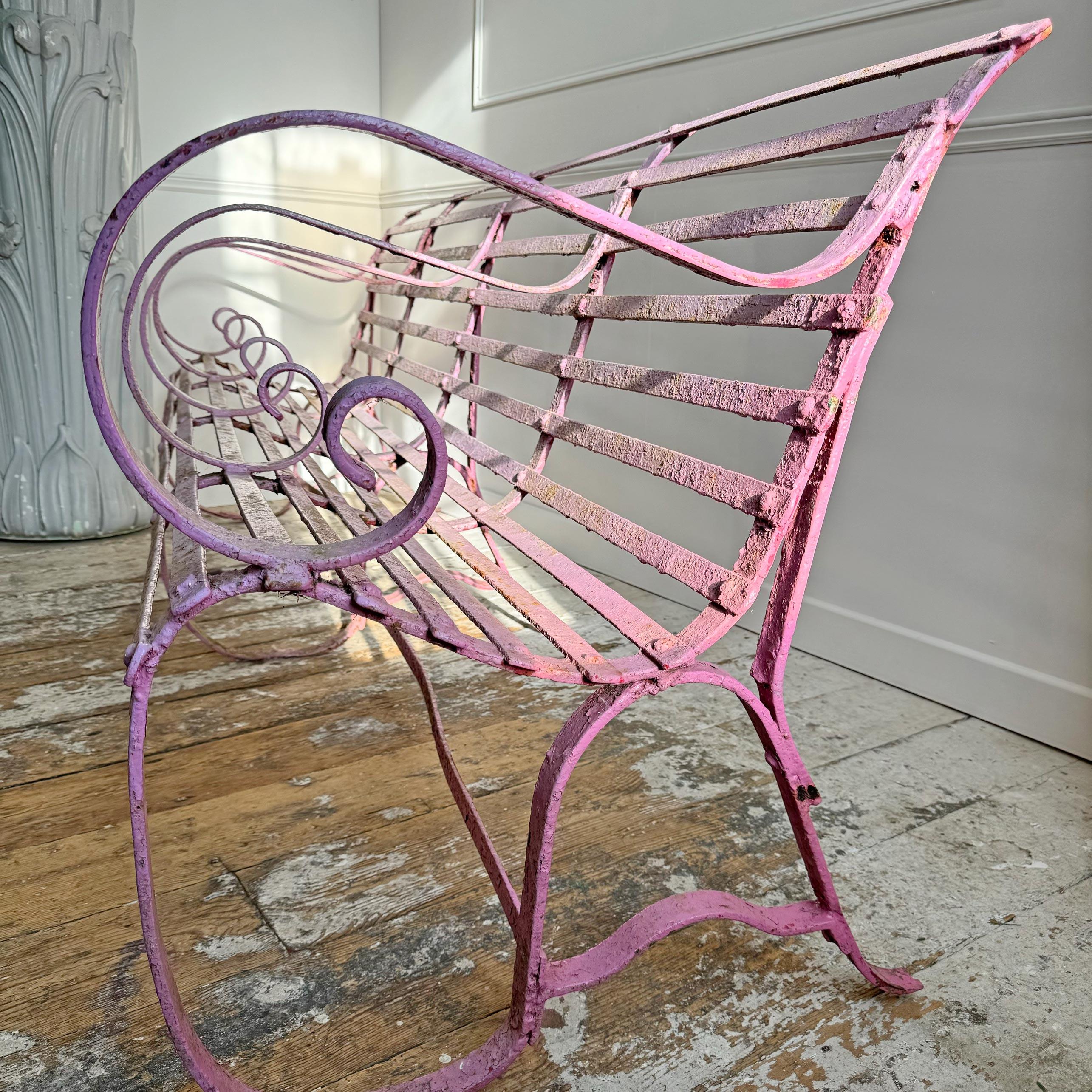 English Early Victorian Scroll Arm Wrought Iron Pink Bench of Exceptional Proportions For Sale