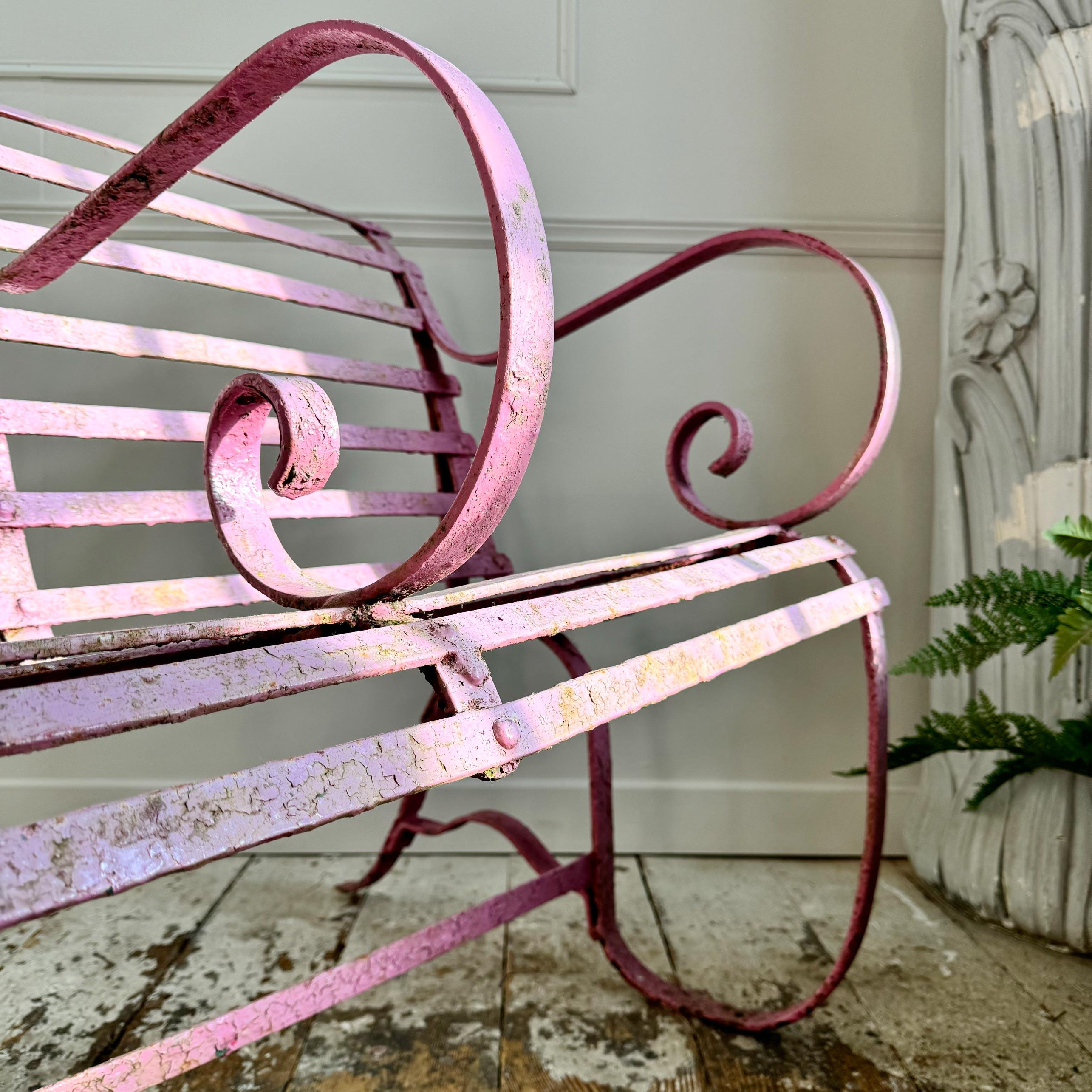 Hand-Crafted Early Victorian Scroll Arm Wrought Iron Pink Bench of Exceptional Proportions For Sale