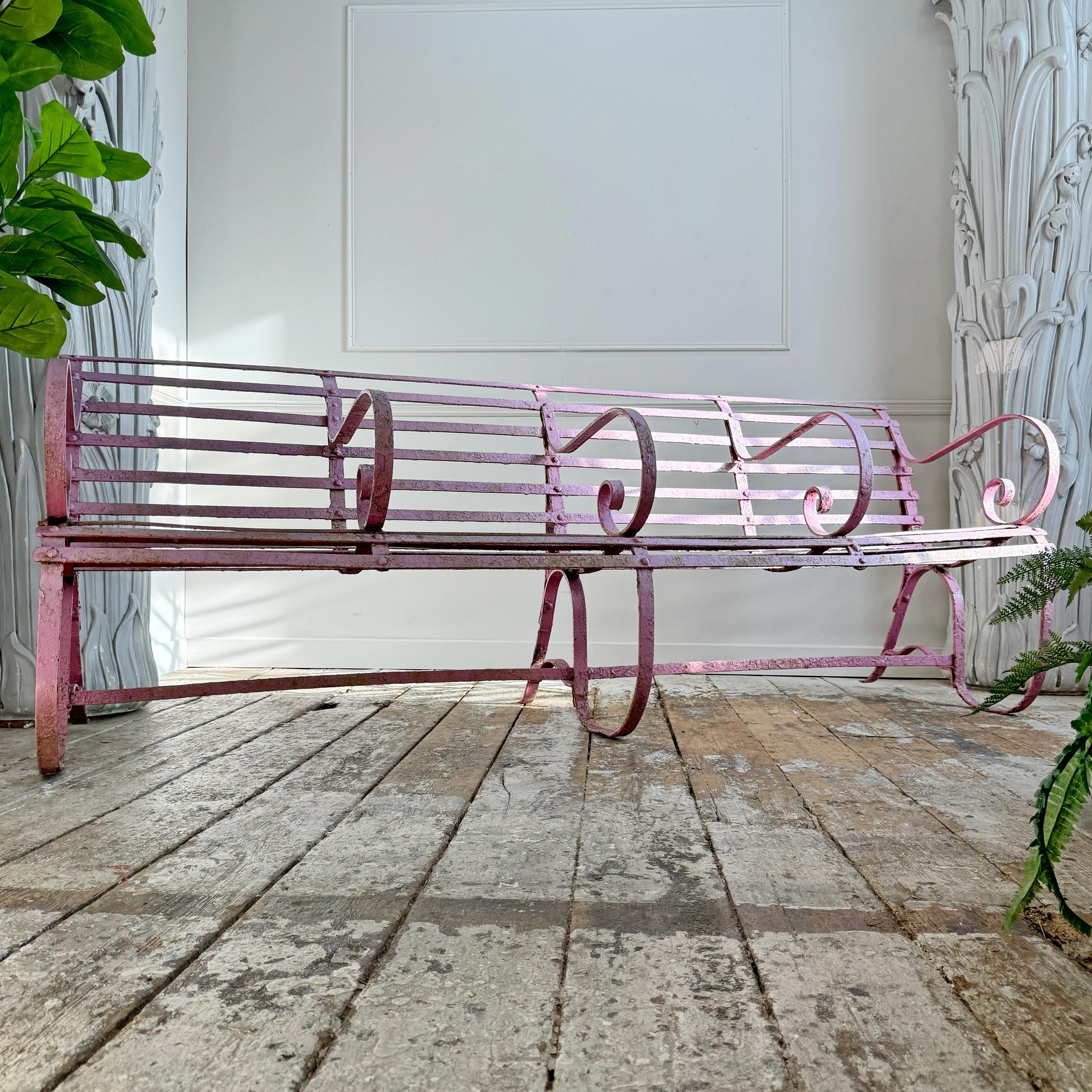 Early 19th Century Early Victorian Scroll Arm Wrought Iron Pink Bench of Exceptional Proportions For Sale