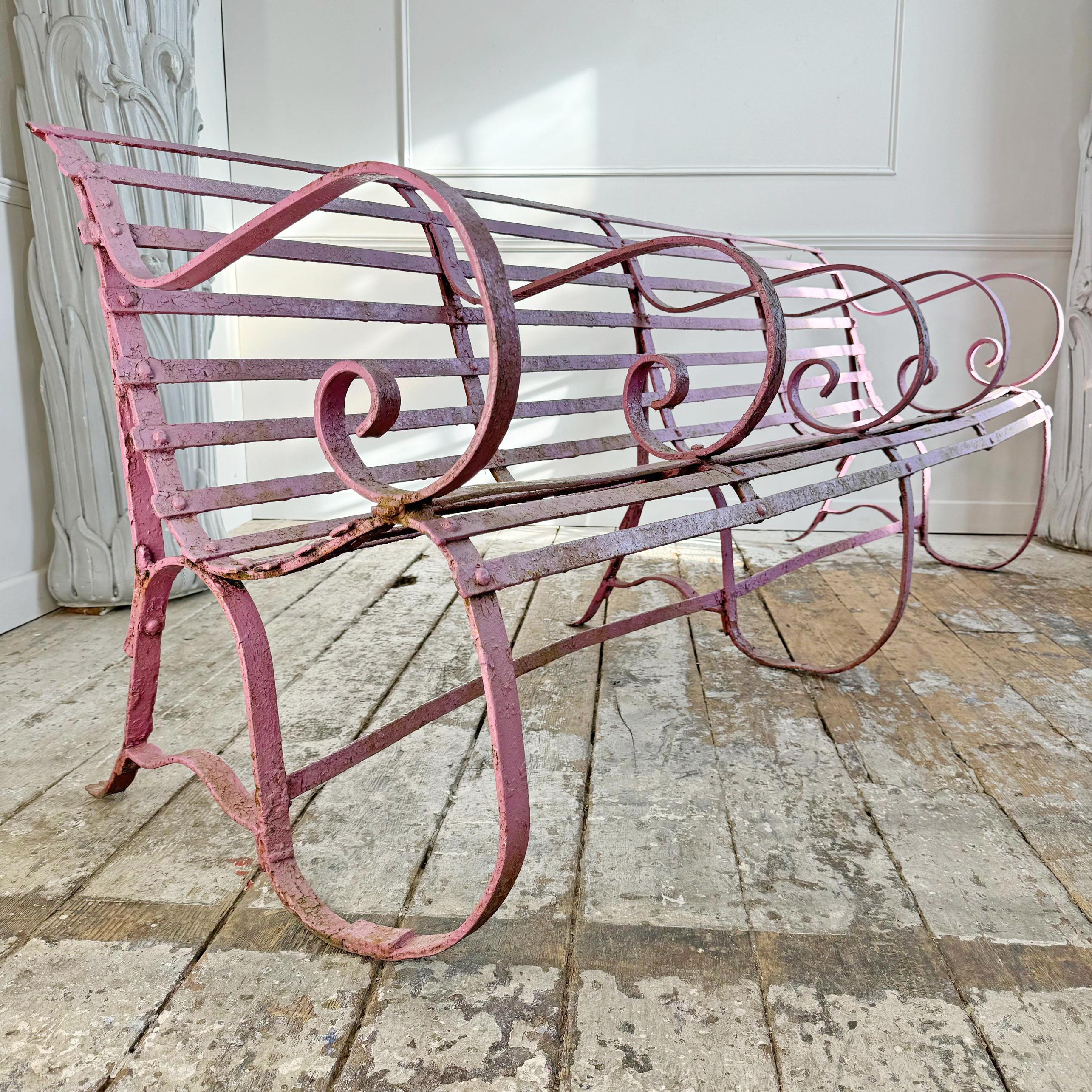 Early Victorian Scroll Arm Wrought Iron Pink Bench of Exceptional Proportions For Sale 2