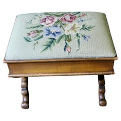 Early Victorian Sewing Box, X Frame Embroidered Foot Stool