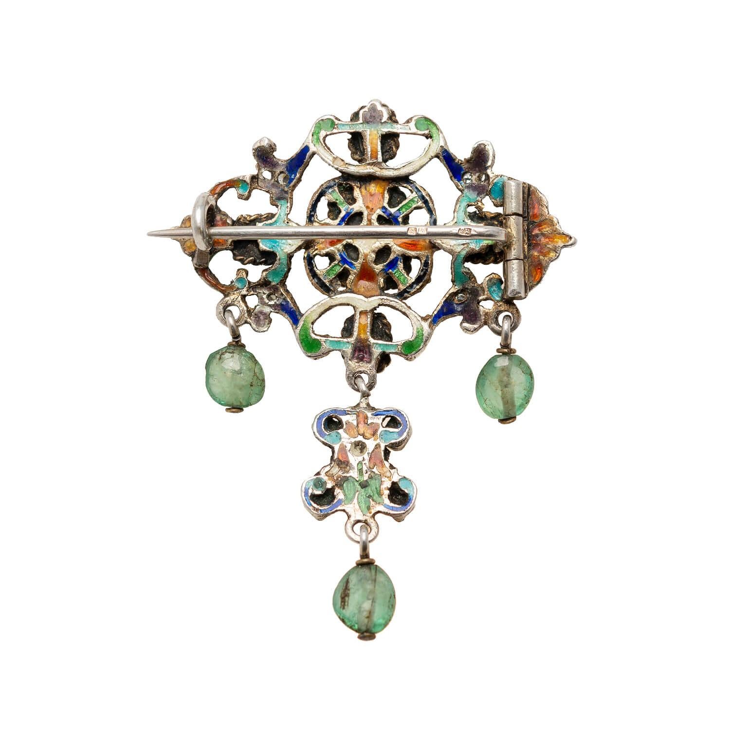 Emerald Cut Early Victorian Silver Enameled Emerald + Table Cut Diamond Pin/Brooch