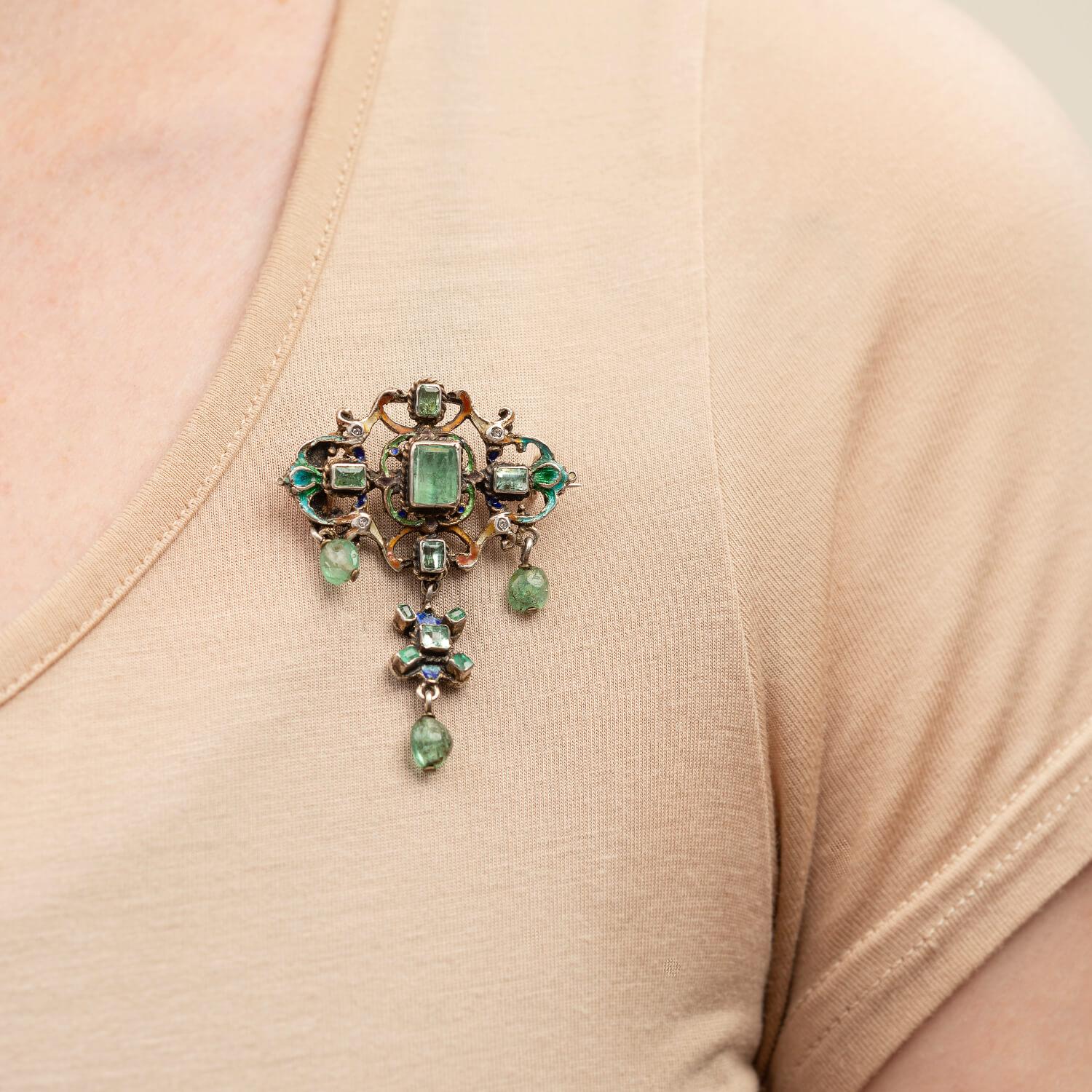 Women's or Men's Early Victorian Silver Enameled Emerald + Table Cut Diamond Pin/Brooch