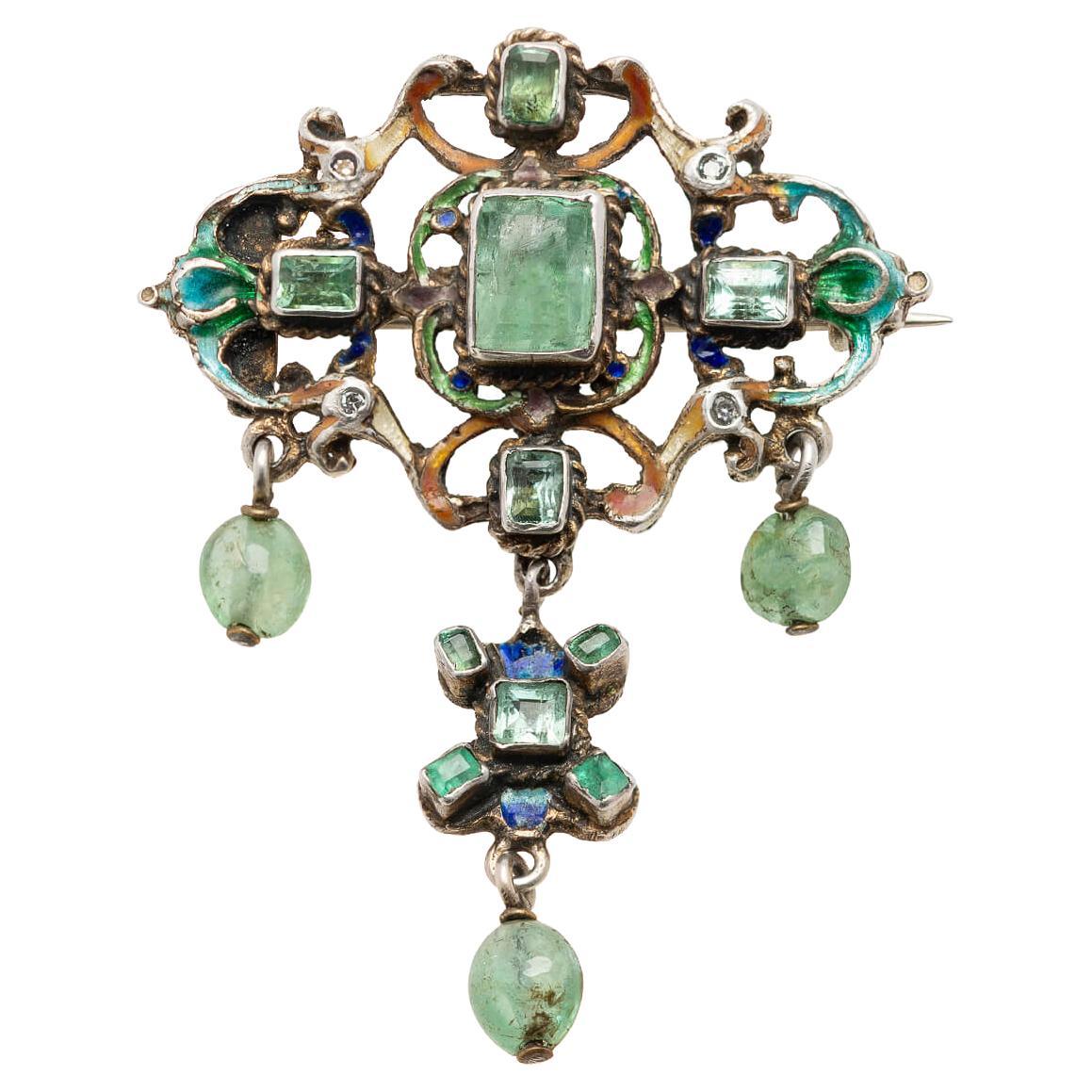 Early Victorian Silver Enameled Emerald + Table Cut Diamond Pin/Brooch