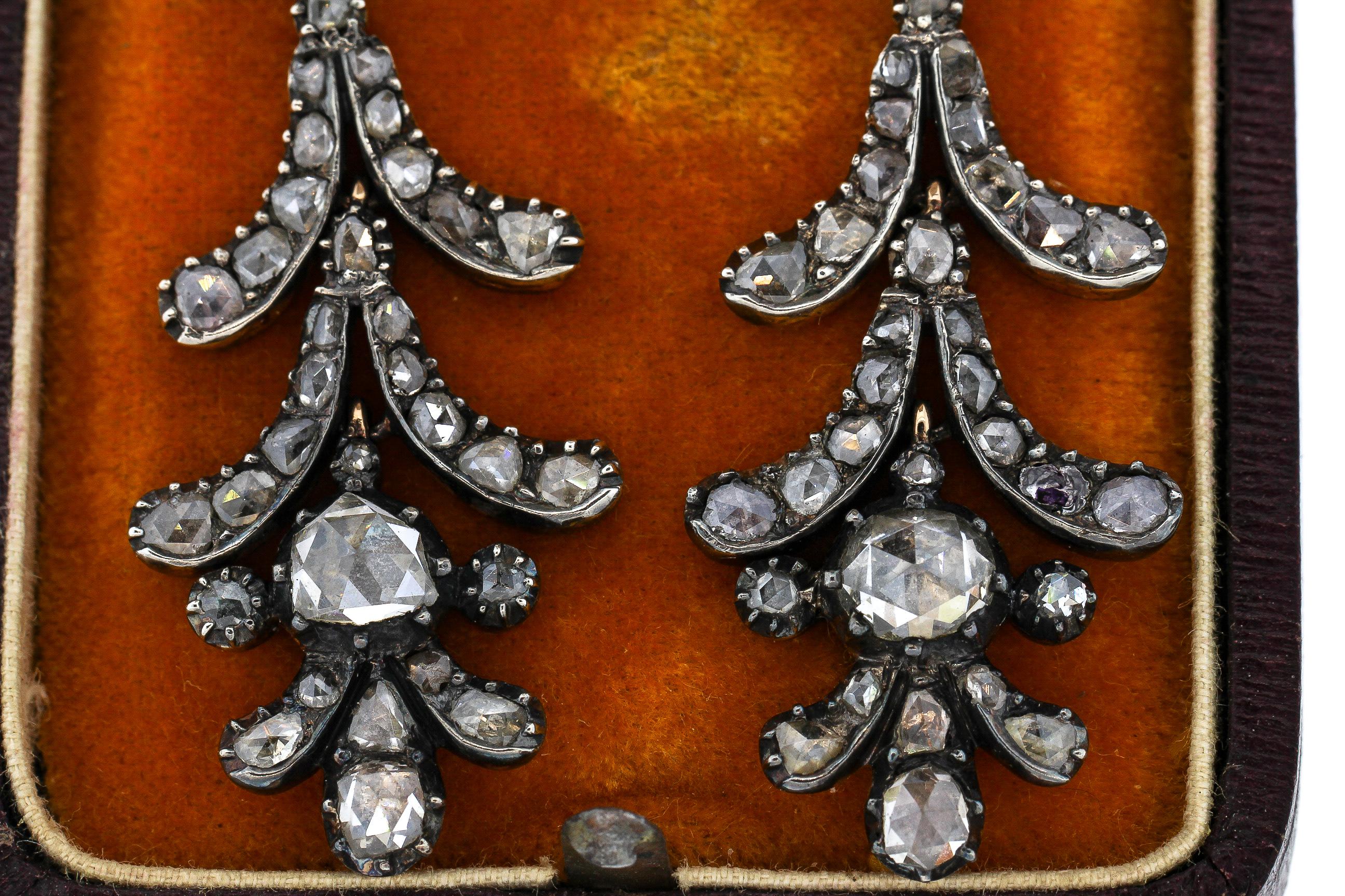 Women's Early Victorian Silver-Topped Gold Rose Cut Diamond Pendant Earrings