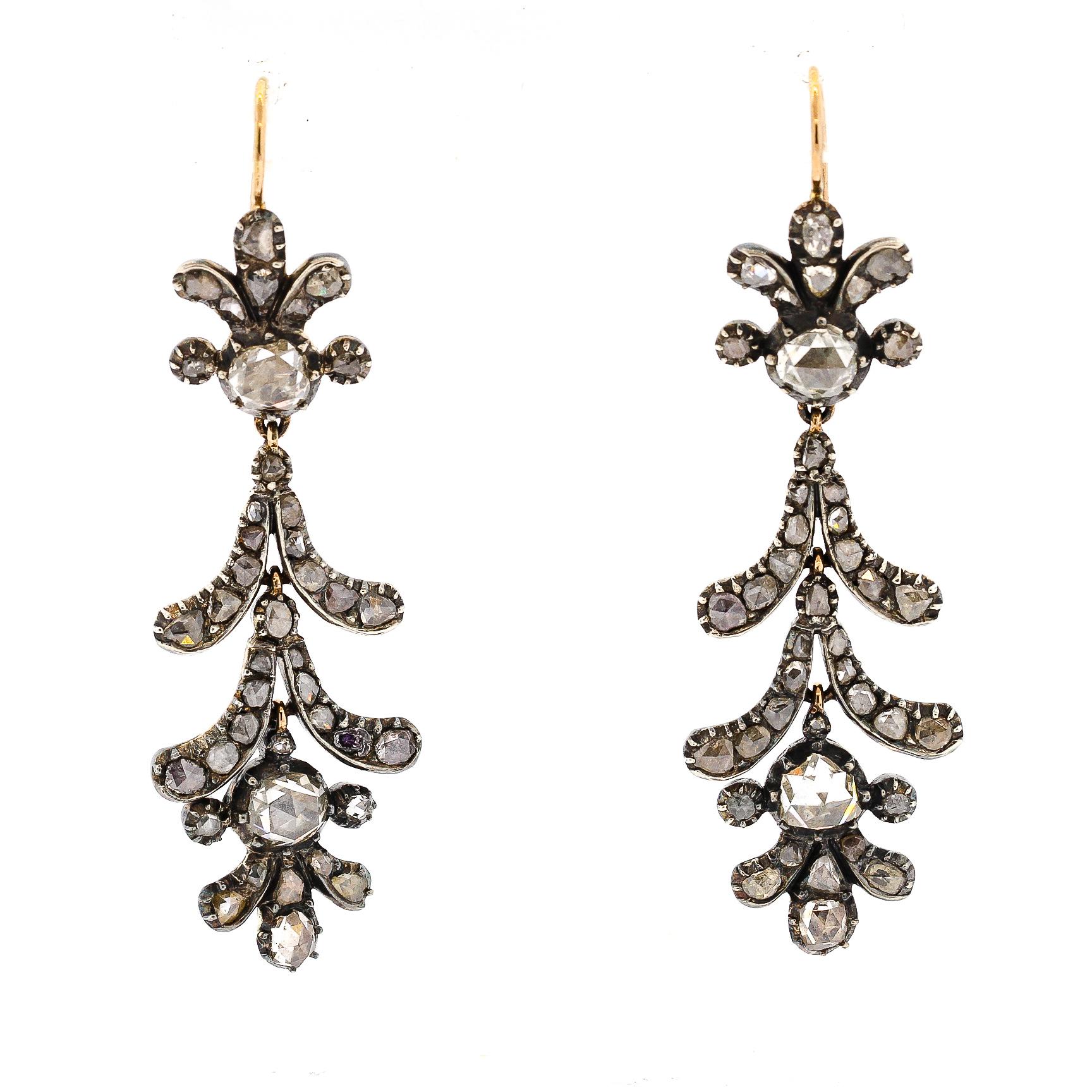 Early Victorian Silver-Topped Gold Rose Cut Diamond Pendant Earrings