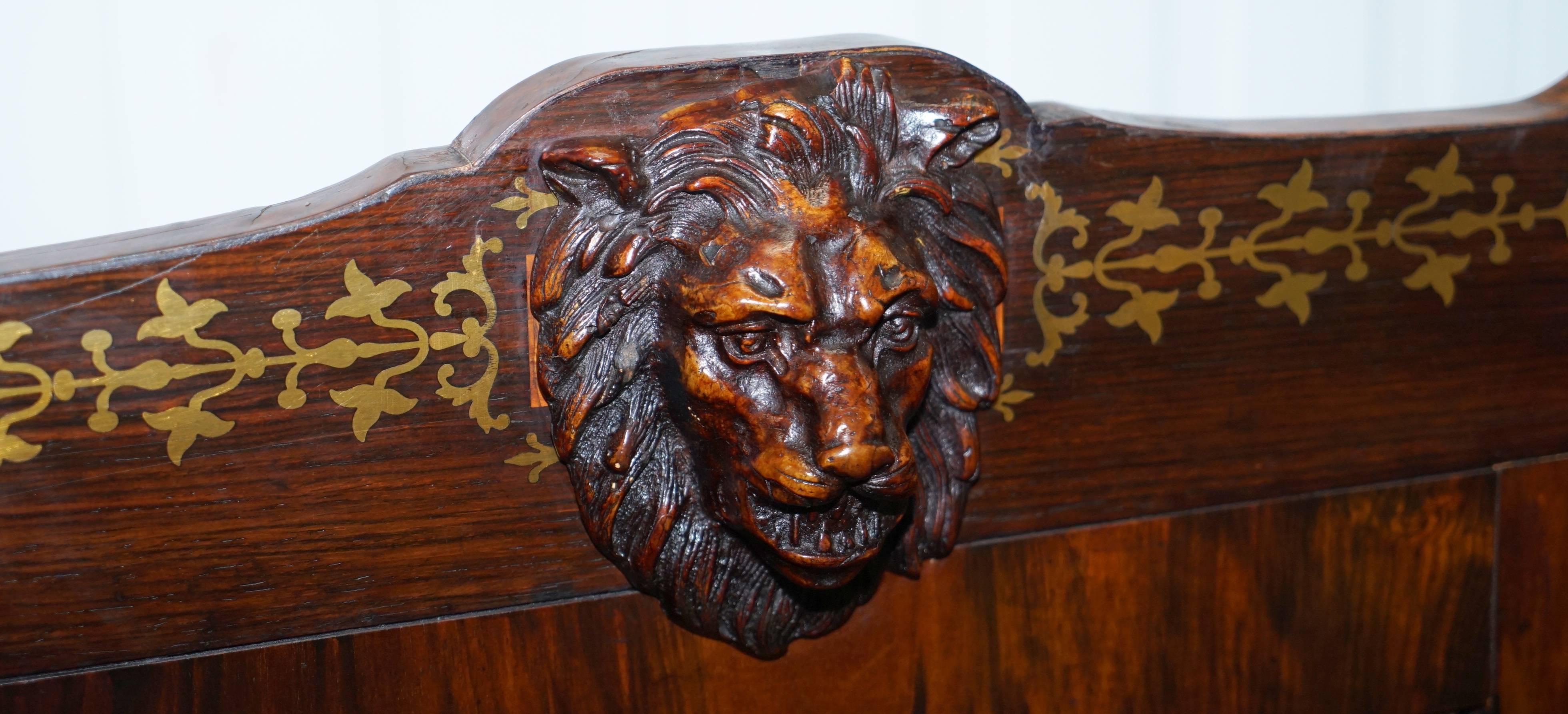 English Early Victorian Solid Burr Walnut Pew Seat Lion Carved Wood Chair under Storage