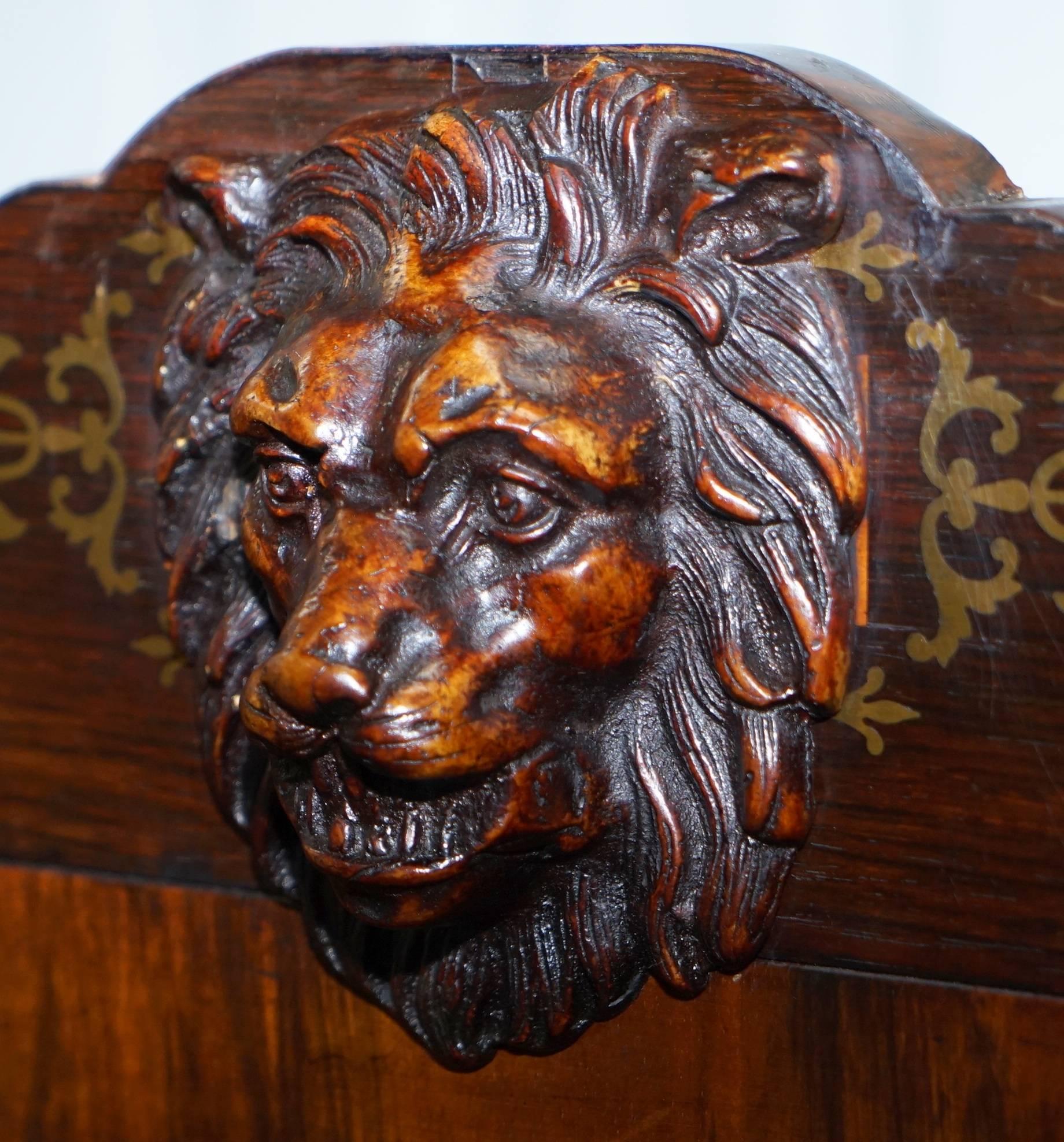 Hand-Carved Early Victorian Solid Burr Walnut Pew Seat Lion Carved Wood Chair under Storage