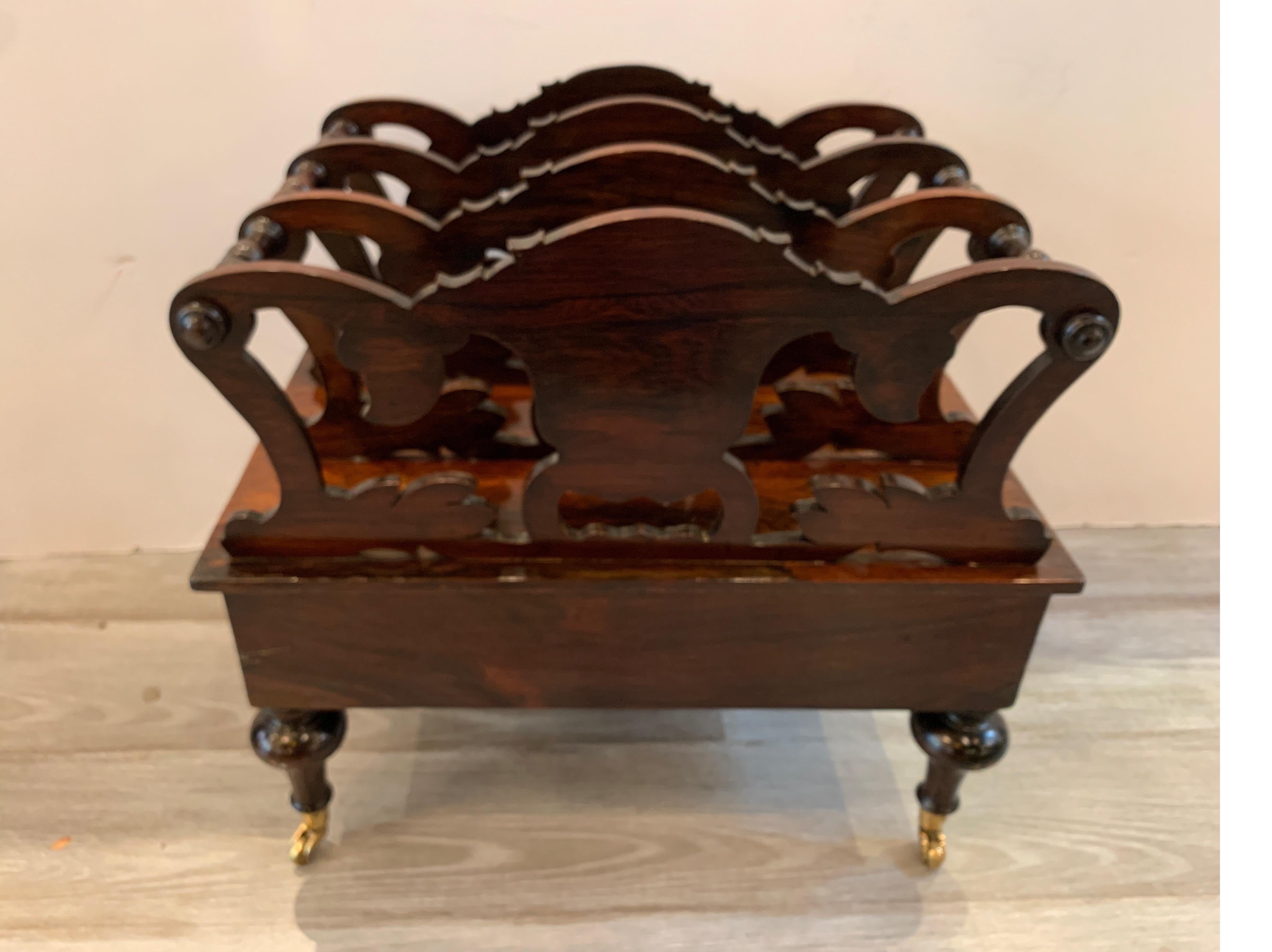 Early Victorian Solid Rosewood Three-Section Canterbury with Drawer and Casters For Sale 7