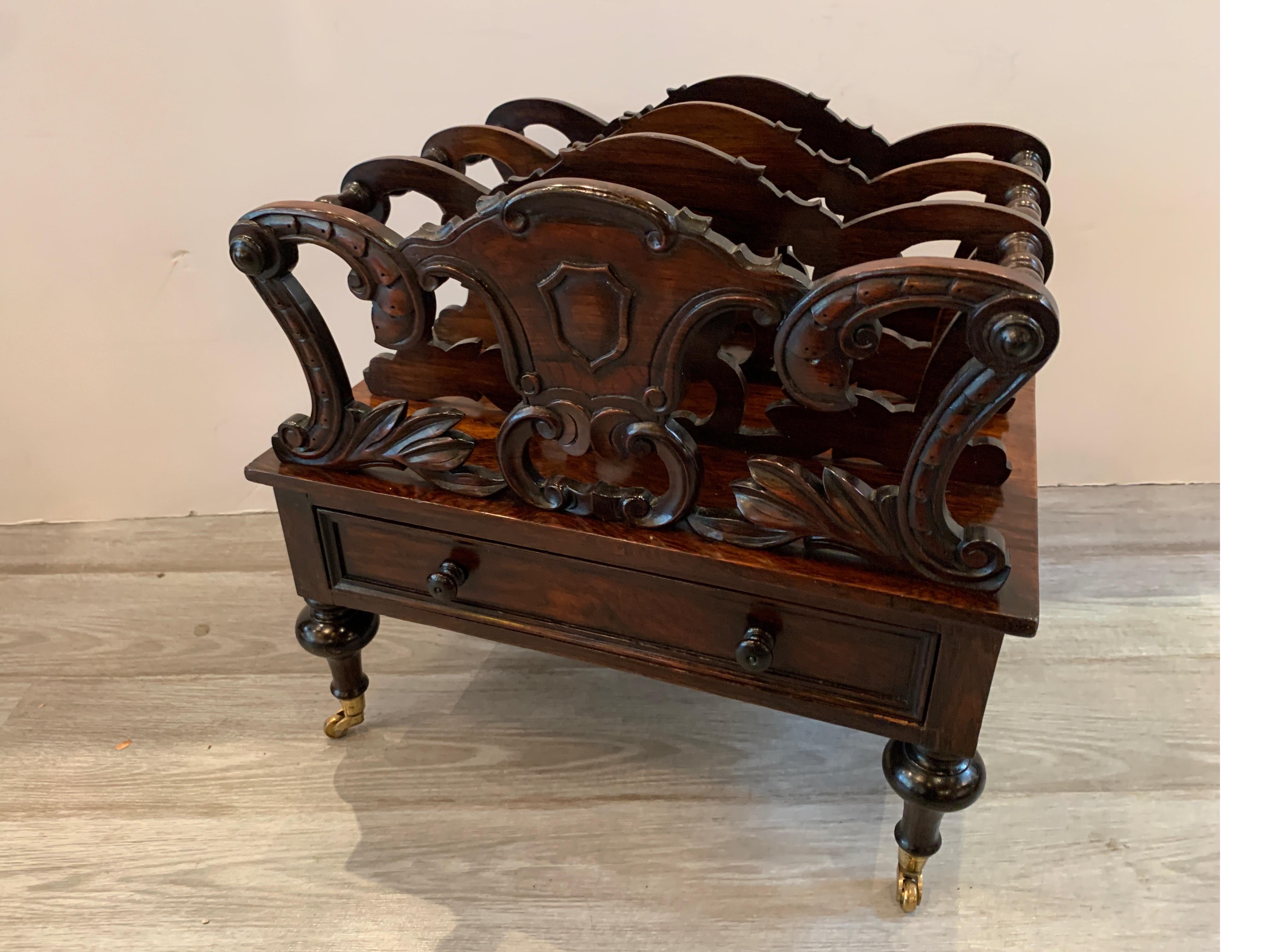 Early Victorian Solid Rosewood Three-Section Canterbury with Drawer and Casters For Sale 8