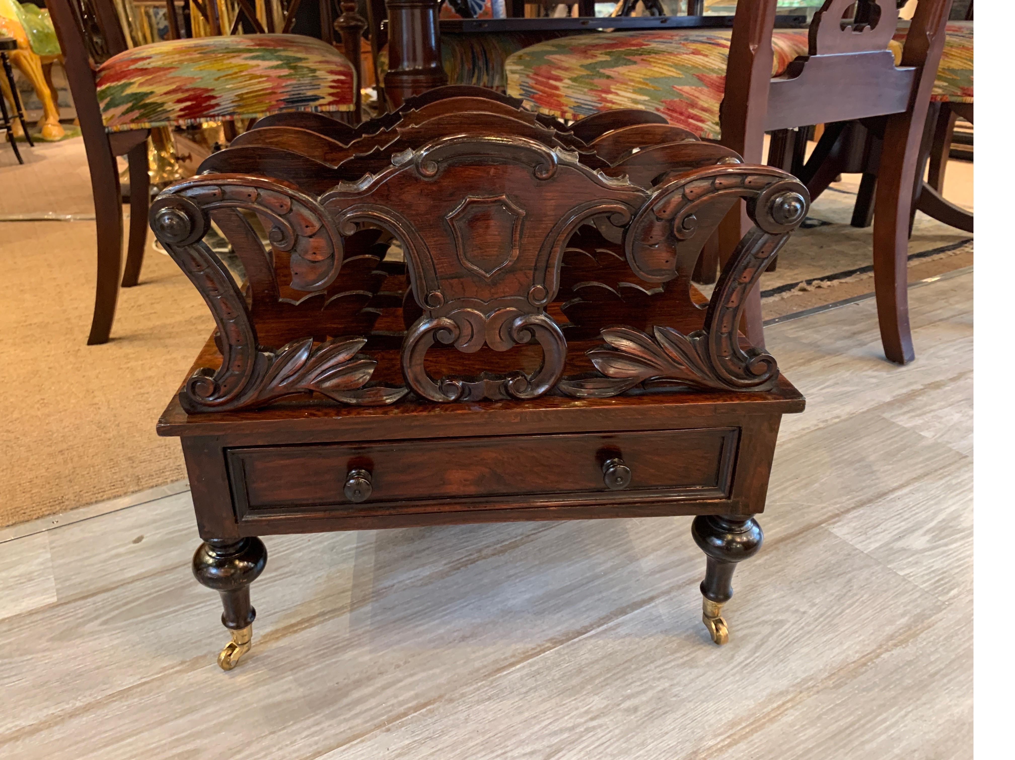 Early Victorian Solid Rosewood Three-Section Canterbury with Drawer and Casters For Sale 9