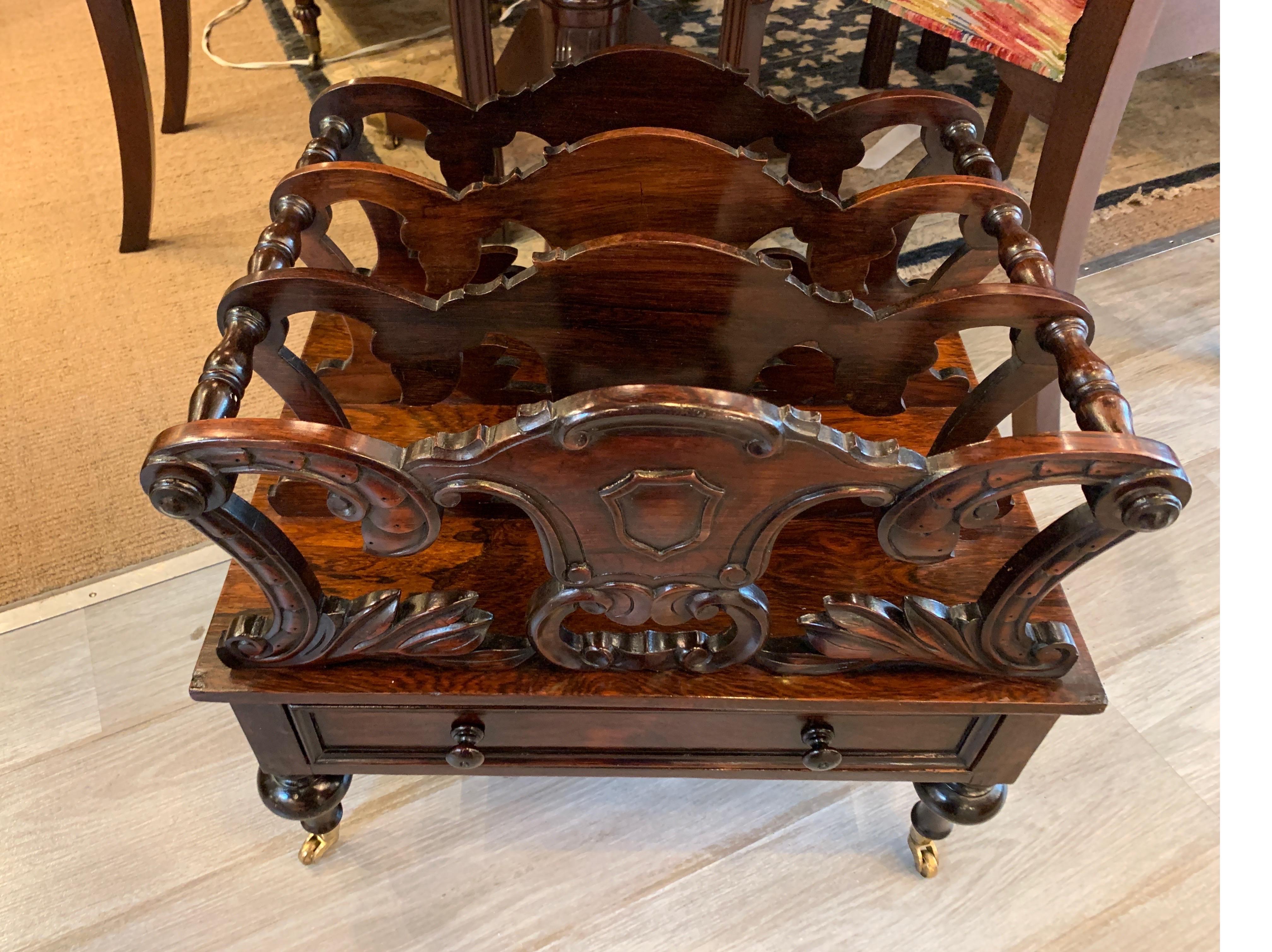 Early Victorian Solid Rosewood Three-Section Canterbury with Drawer and Casters For Sale 11