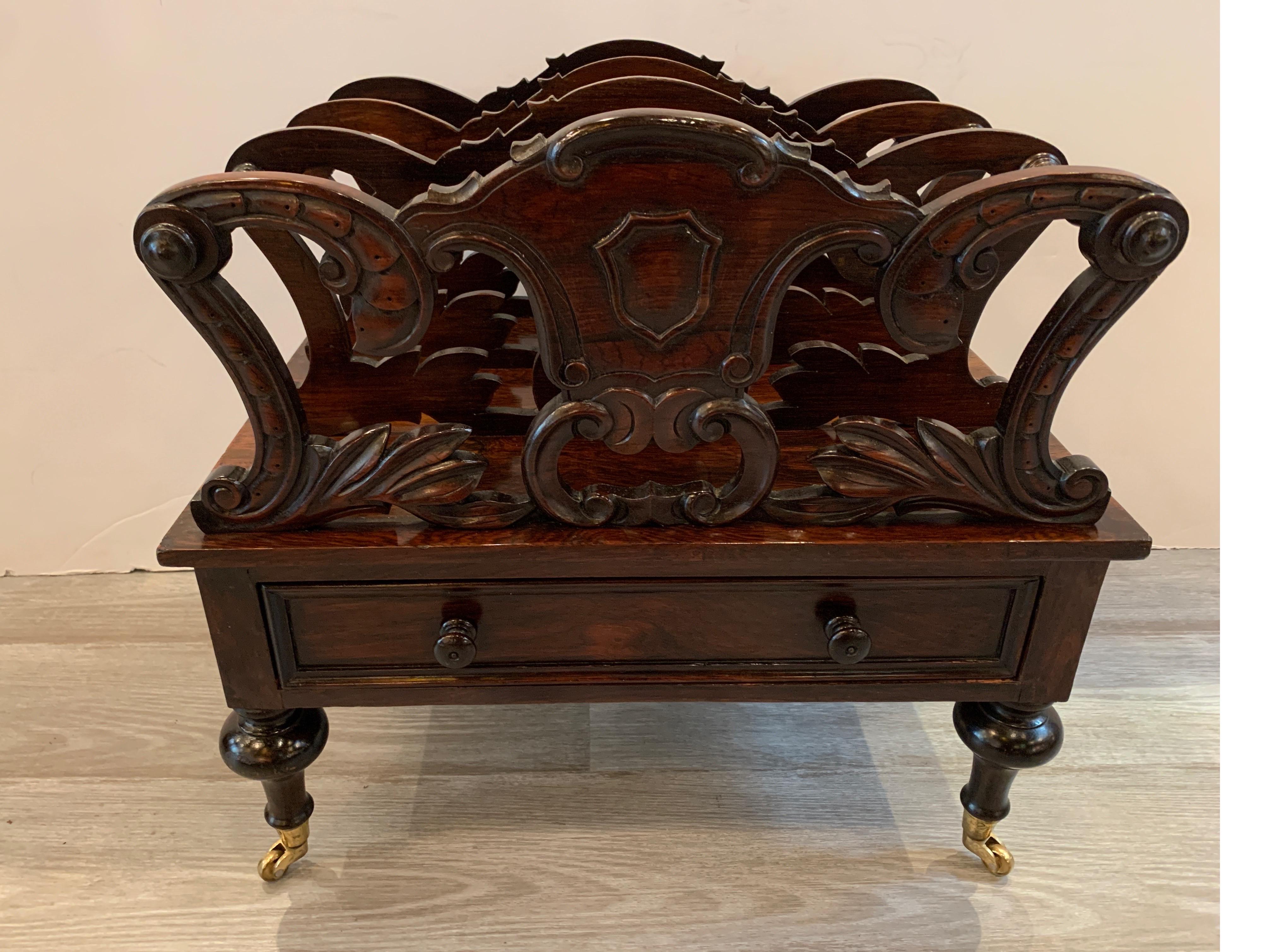 Early Victorian solid rosewood three-section Canterbury with drawer and casters, circa 1850-1860
Nicely carved design throughout the piece and turned handled sides. Quality brass casters.
From a private estate.
Dimensions: 20.25