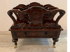 Early Victorian Solid Rosewood Three-Section Canterbury with Drawer and Casters