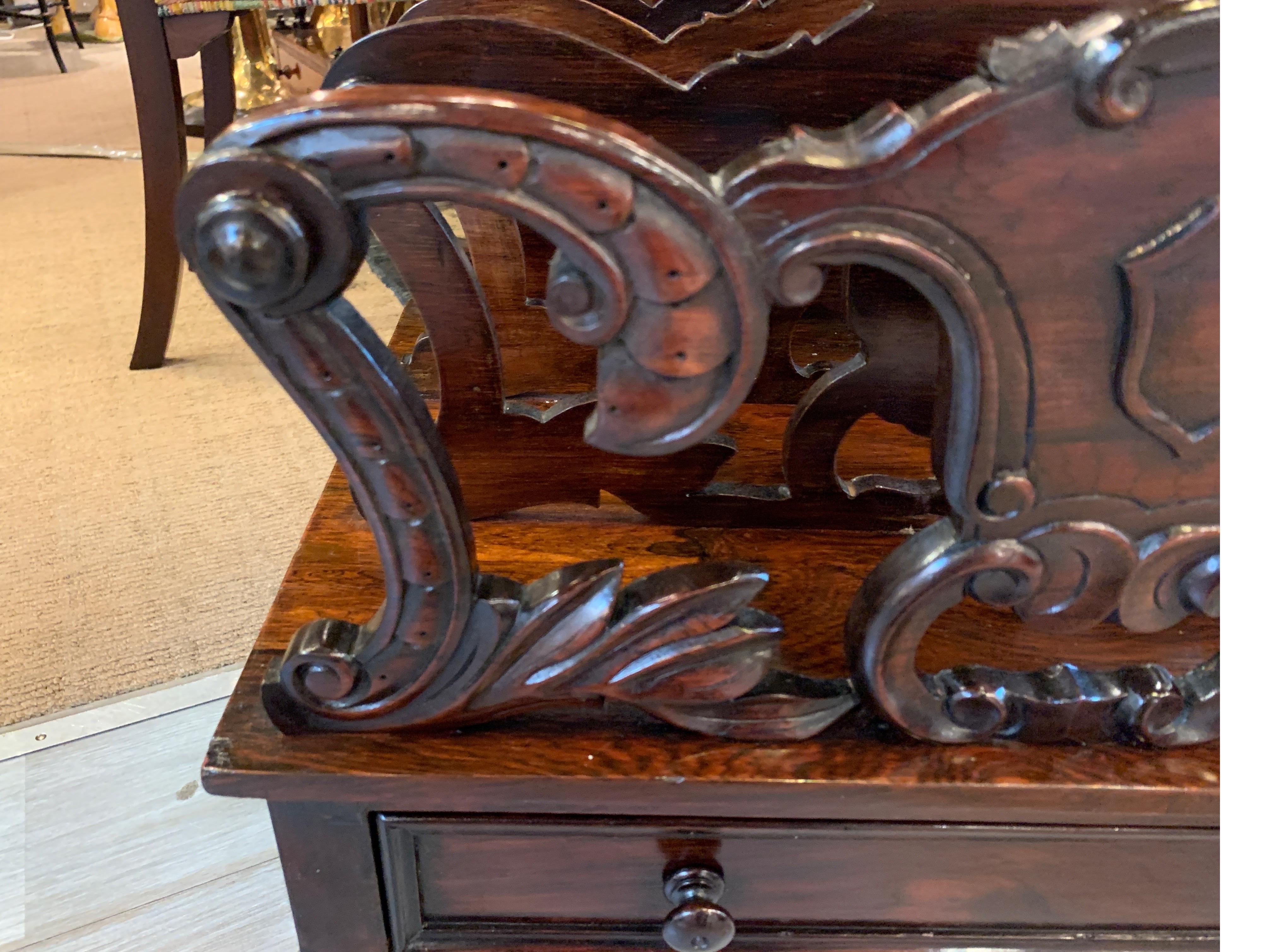 English Early Victorian Solid Rosewood Three-Section Canterbury with Drawer and Casters For Sale