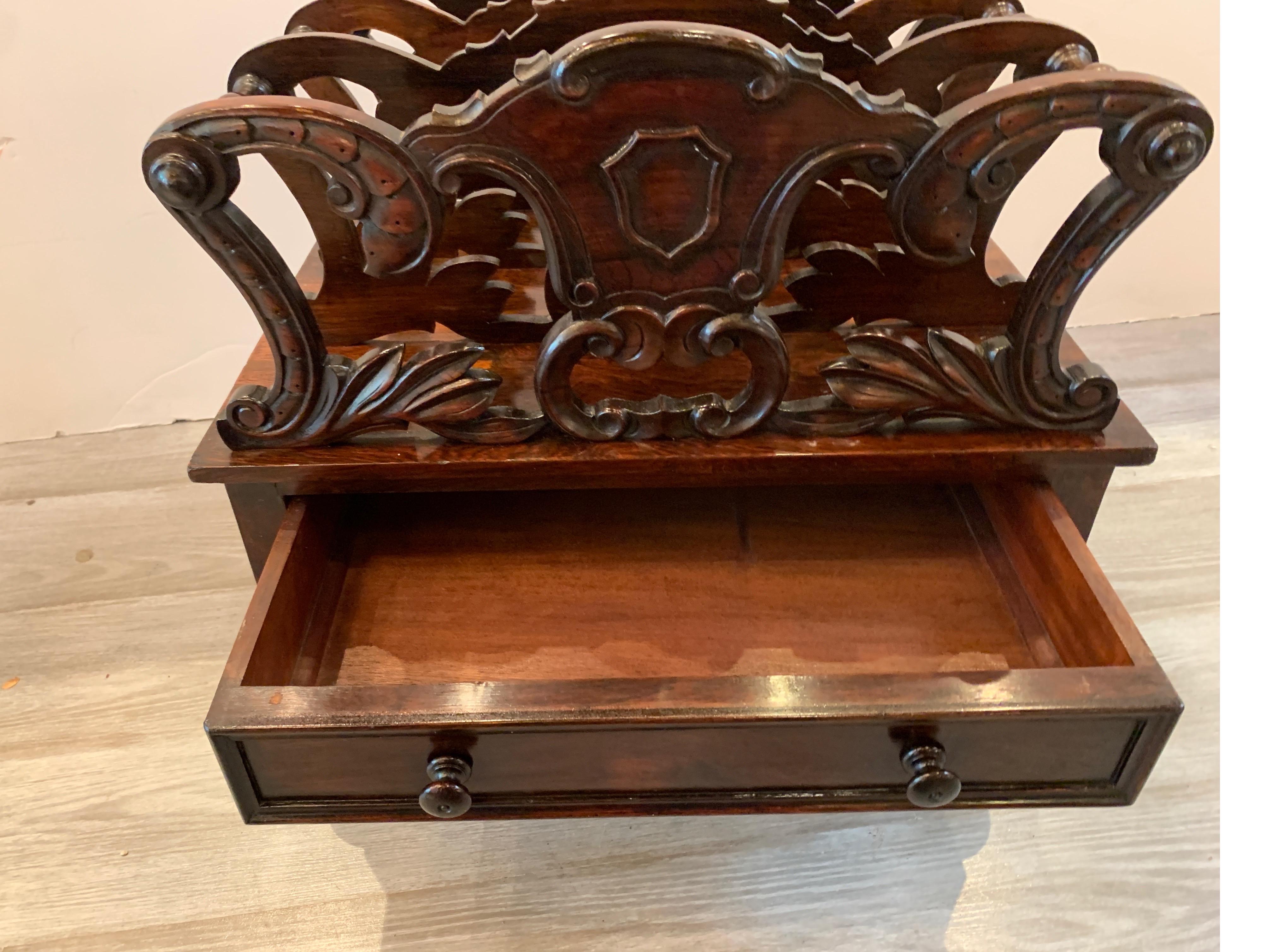 19th Century Early Victorian Solid Rosewood Three-Section Canterbury with Drawer and Casters For Sale