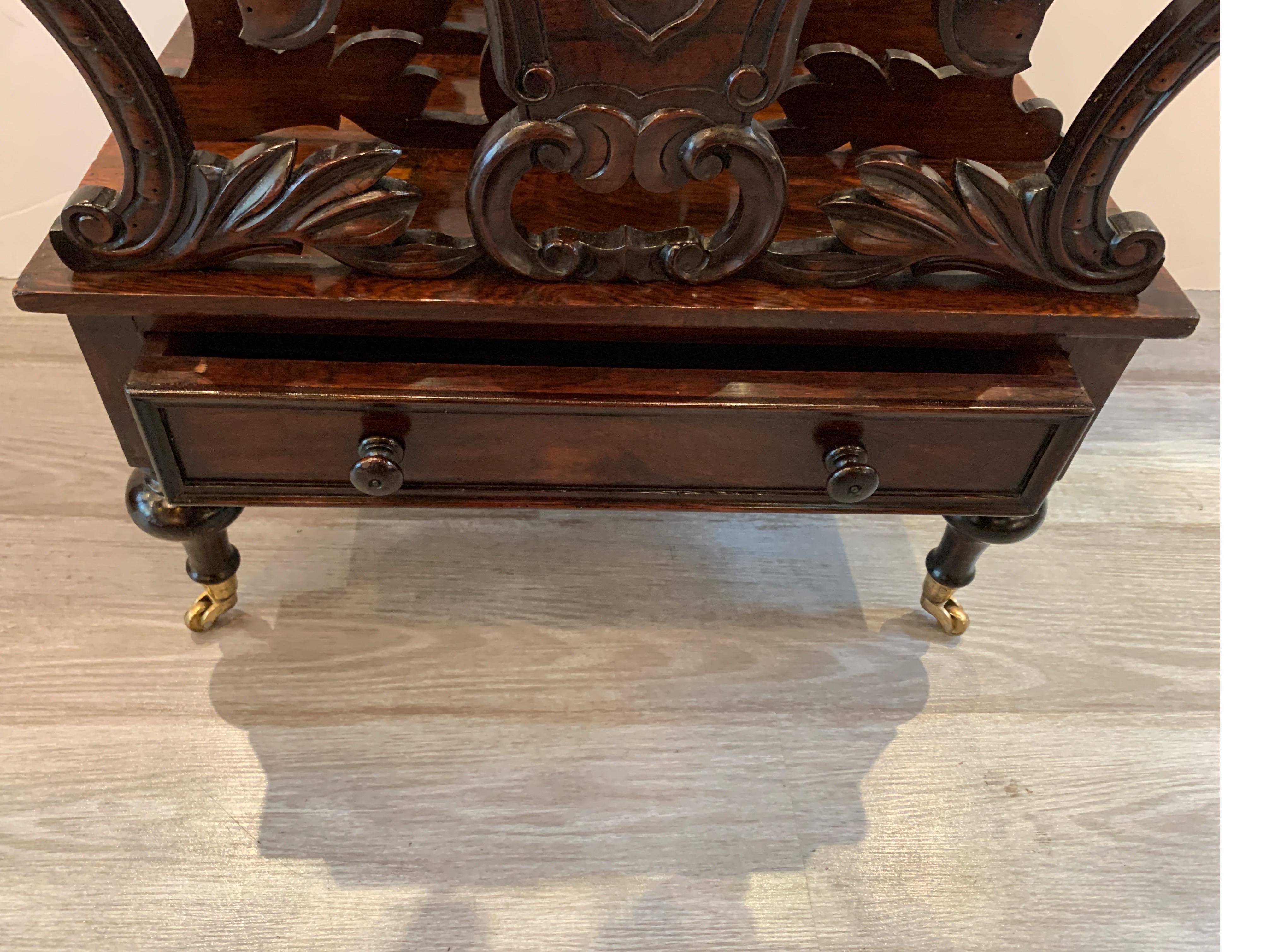 Brass Early Victorian Solid Rosewood Three-Section Canterbury with Drawer and Casters For Sale