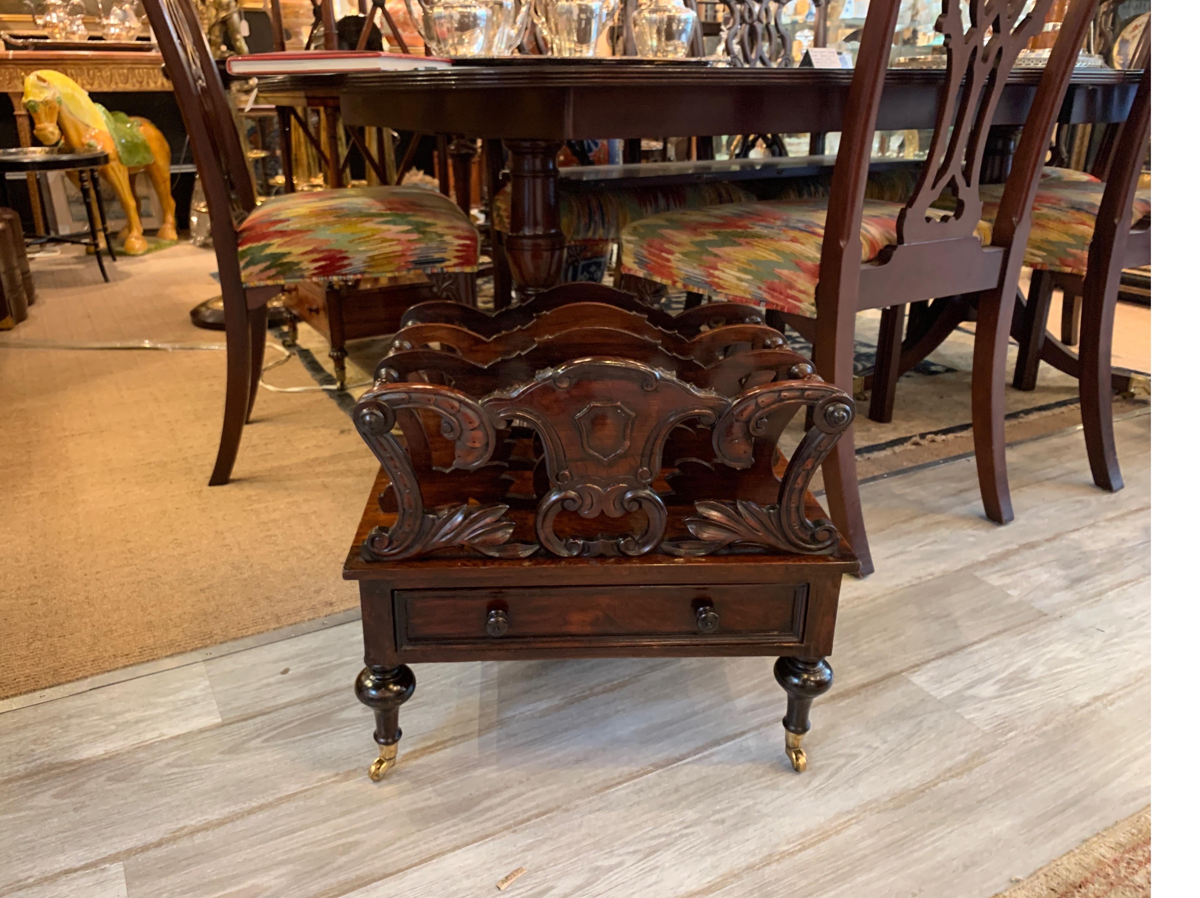 Early Victorian Solid Rosewood Three-Section Canterbury with Drawer and Casters For Sale 1