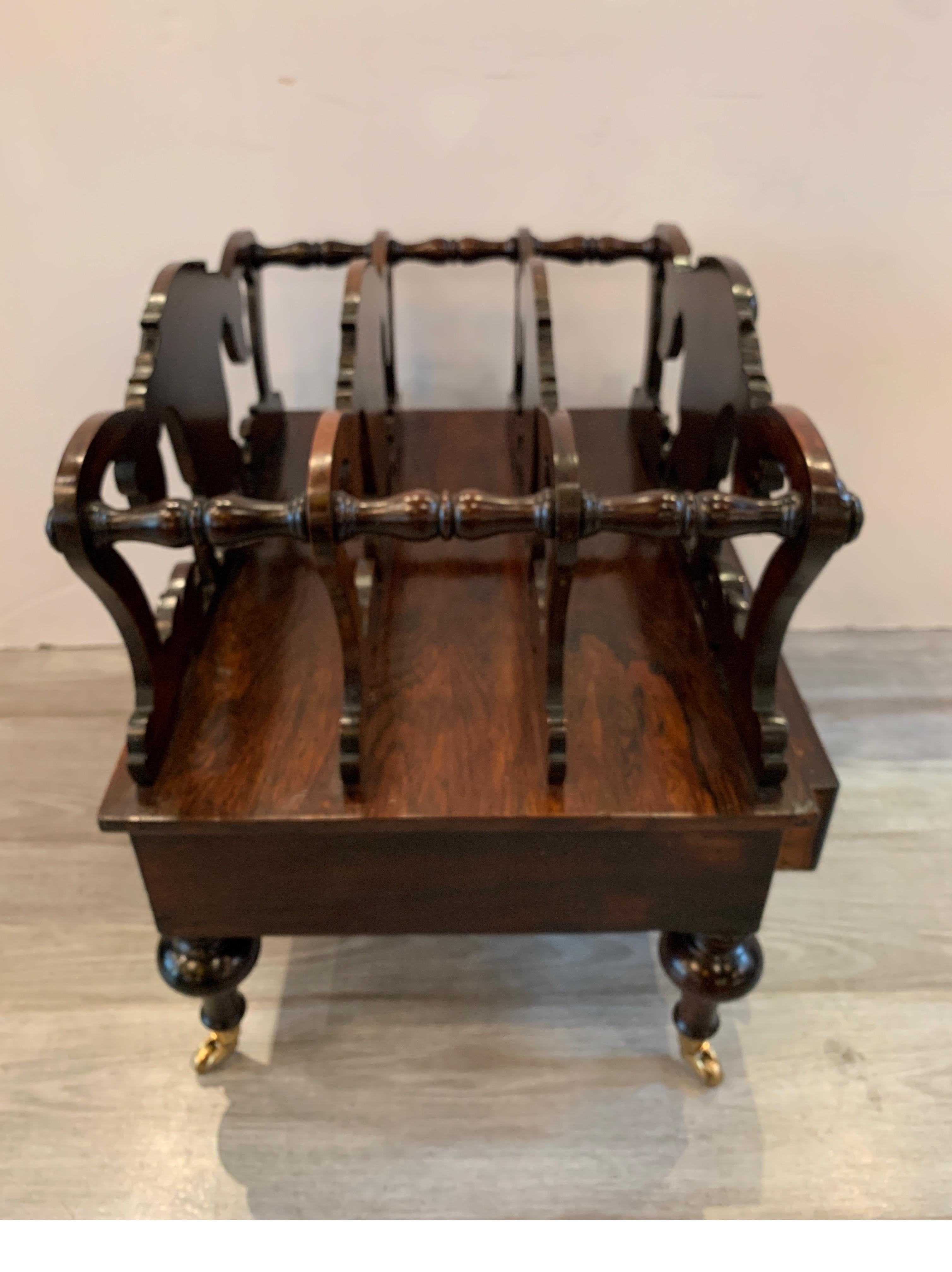Early Victorian Solid Rosewood Three-Section Canterbury with Drawer and Casters For Sale 3