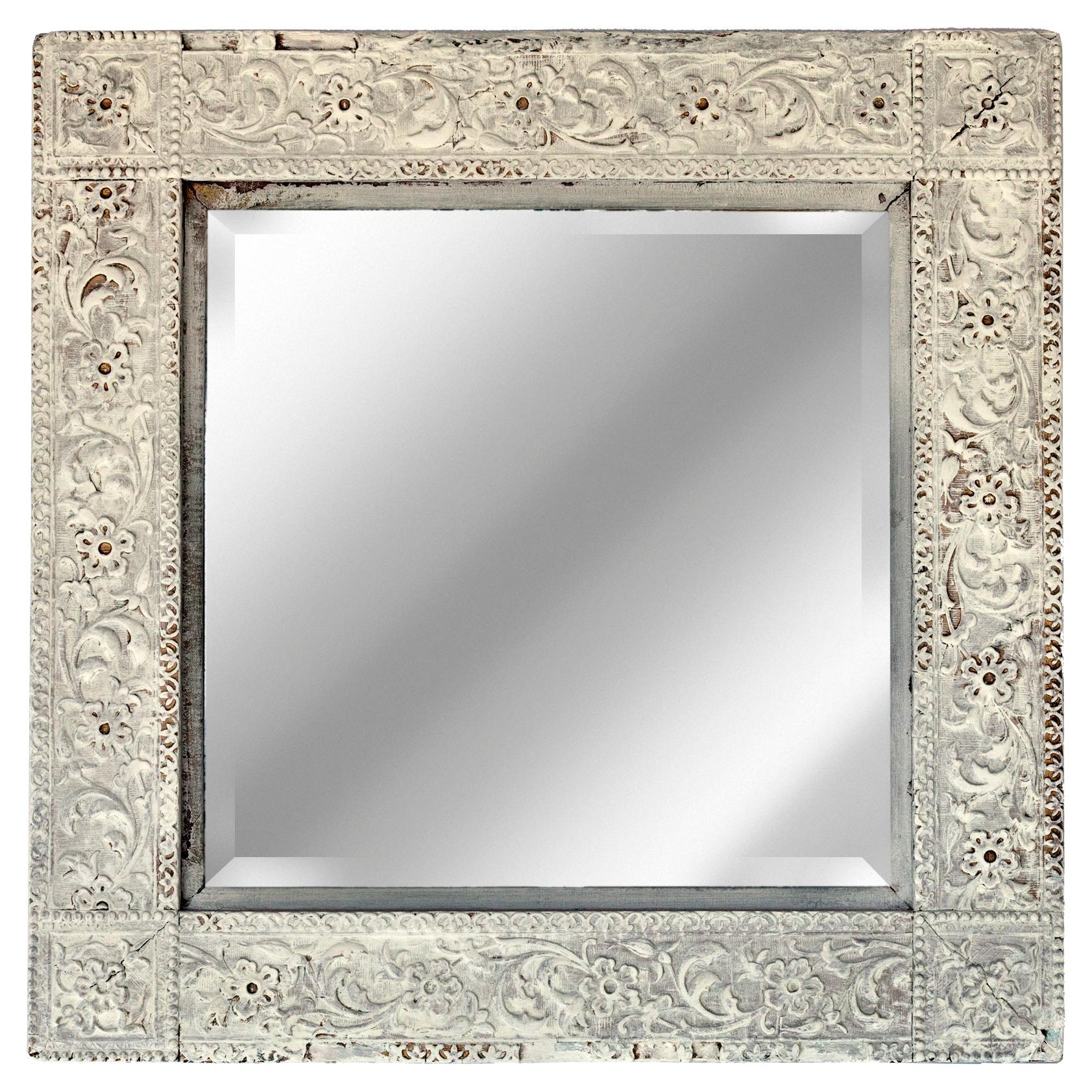 Early Victorian Square Beveled Mirror in Antique White 