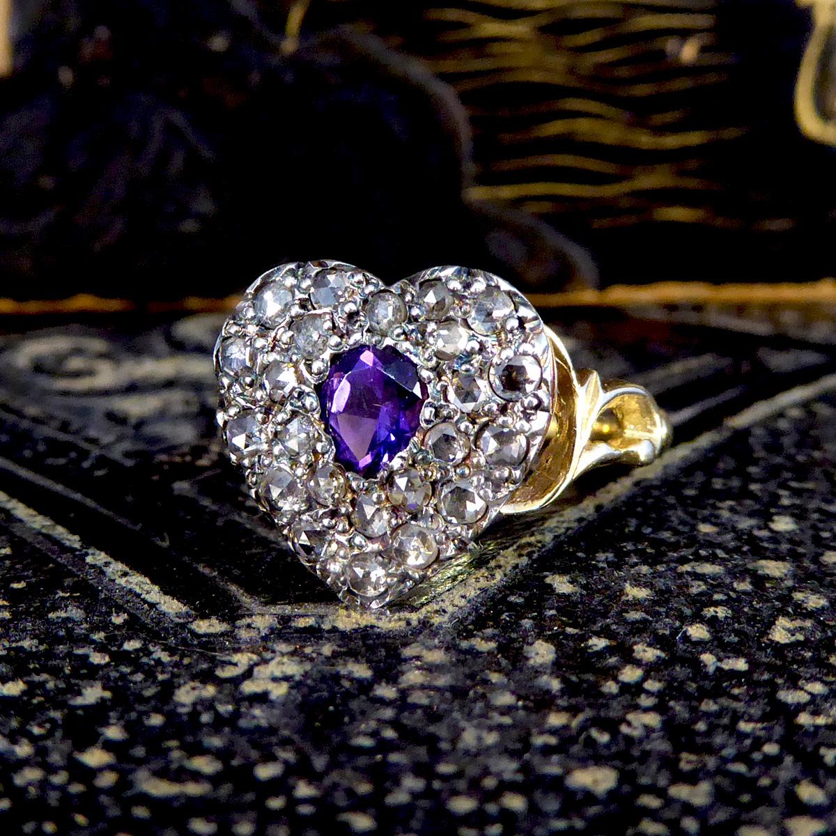 Early Victorian Style Amethyst and Rose Cut Diamond Heart Ring in 18ct Gold For Sale 6