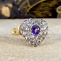Early Victorian Style Amethyst and Rose Cut Diamond Heart Ring in 18ct Gold