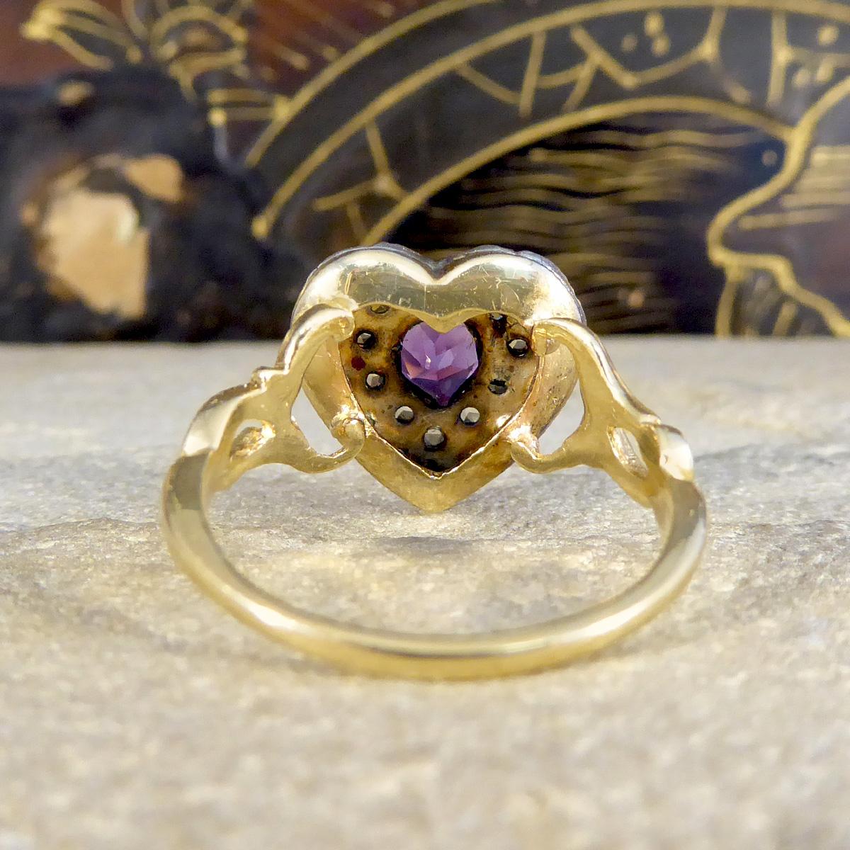 Women's Early Victorian Style Amethyst and Rose Cut Diamond Heart Ring in 18ct Gold For Sale