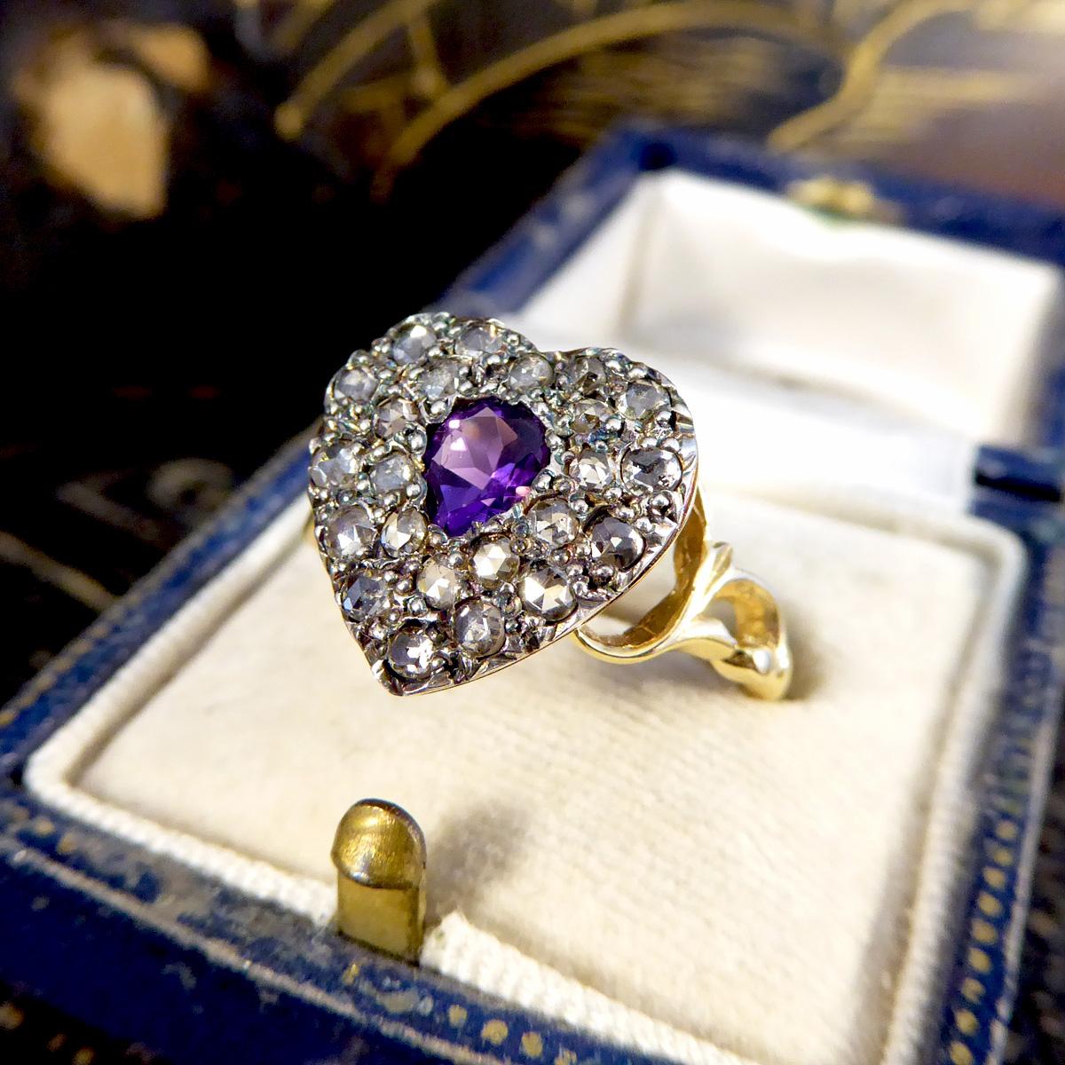 Bague cœur en or 18 carats avec améthyste et diamants taille rose de style victorien précoce Pour femmes en vente
