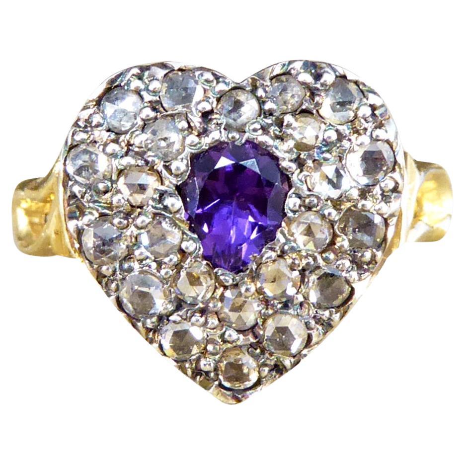 Bague cœur en or 18 carats avec améthyste et diamants taille rose de style victorien précoce en vente