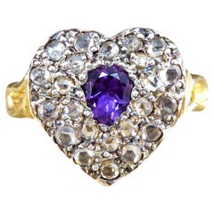 Frühviktorianischer Herzring aus 18 Karat Gold mit Amethyst und Diamant im Rosenschliff