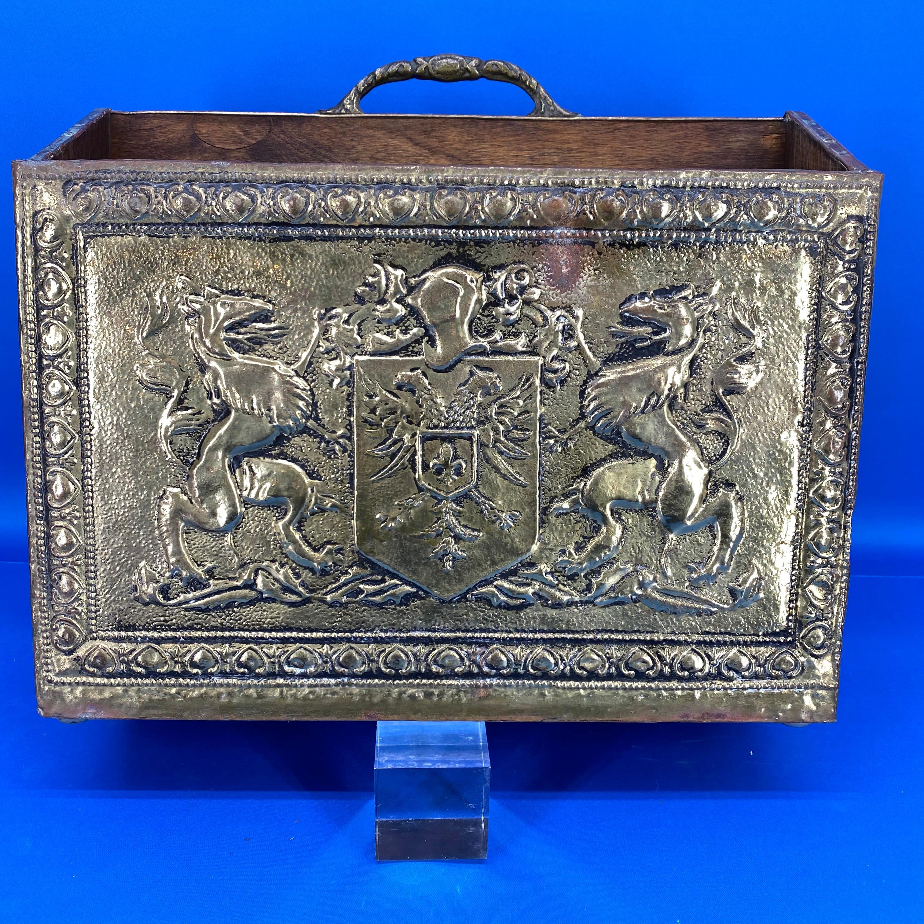 Late Victorian Early Victorian Style Brass Magazine Rack With Code Of Arms, Griffins And Eagles