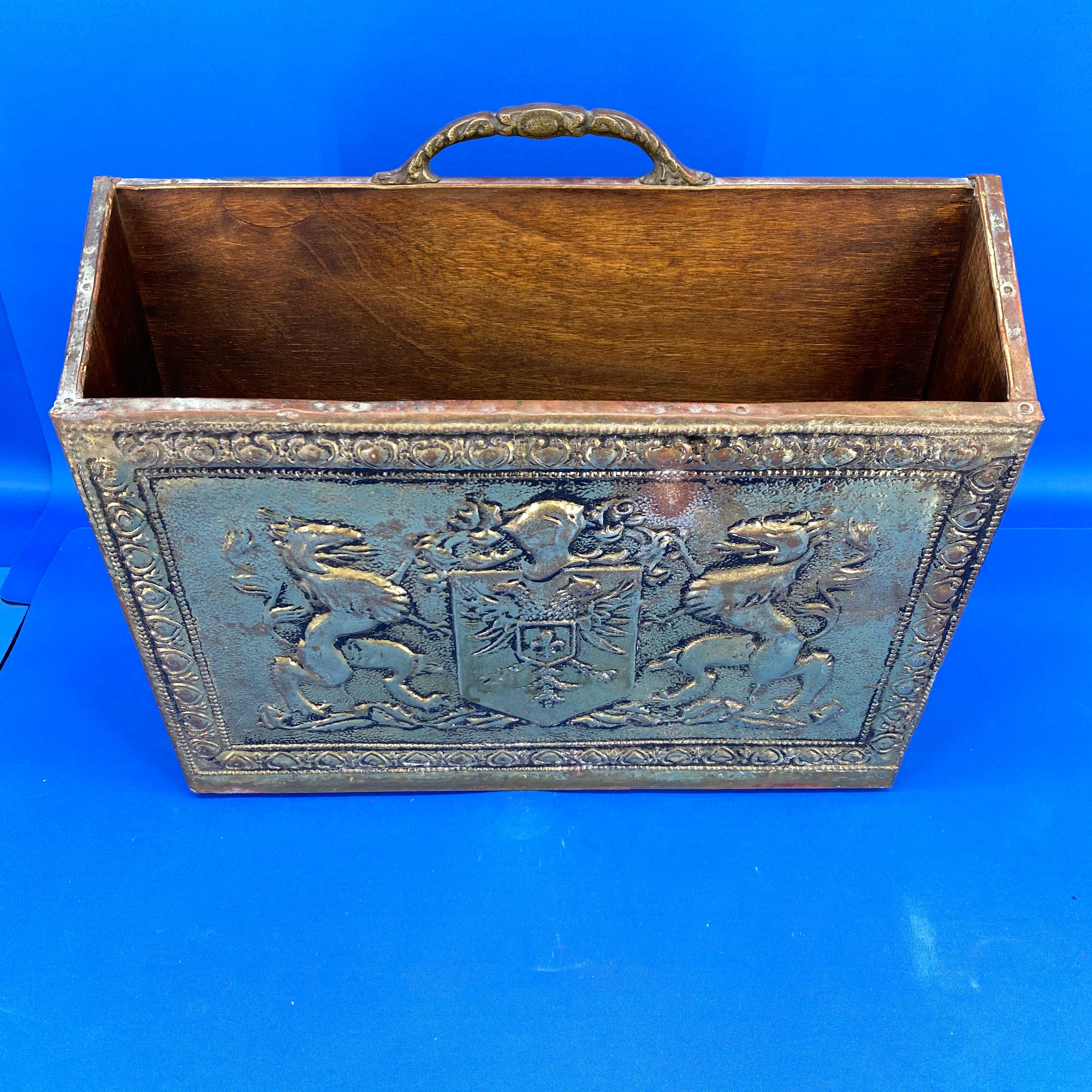 English Early Victorian Style Brass Magazine Rack With Code Of Arms, Griffins And Eagles