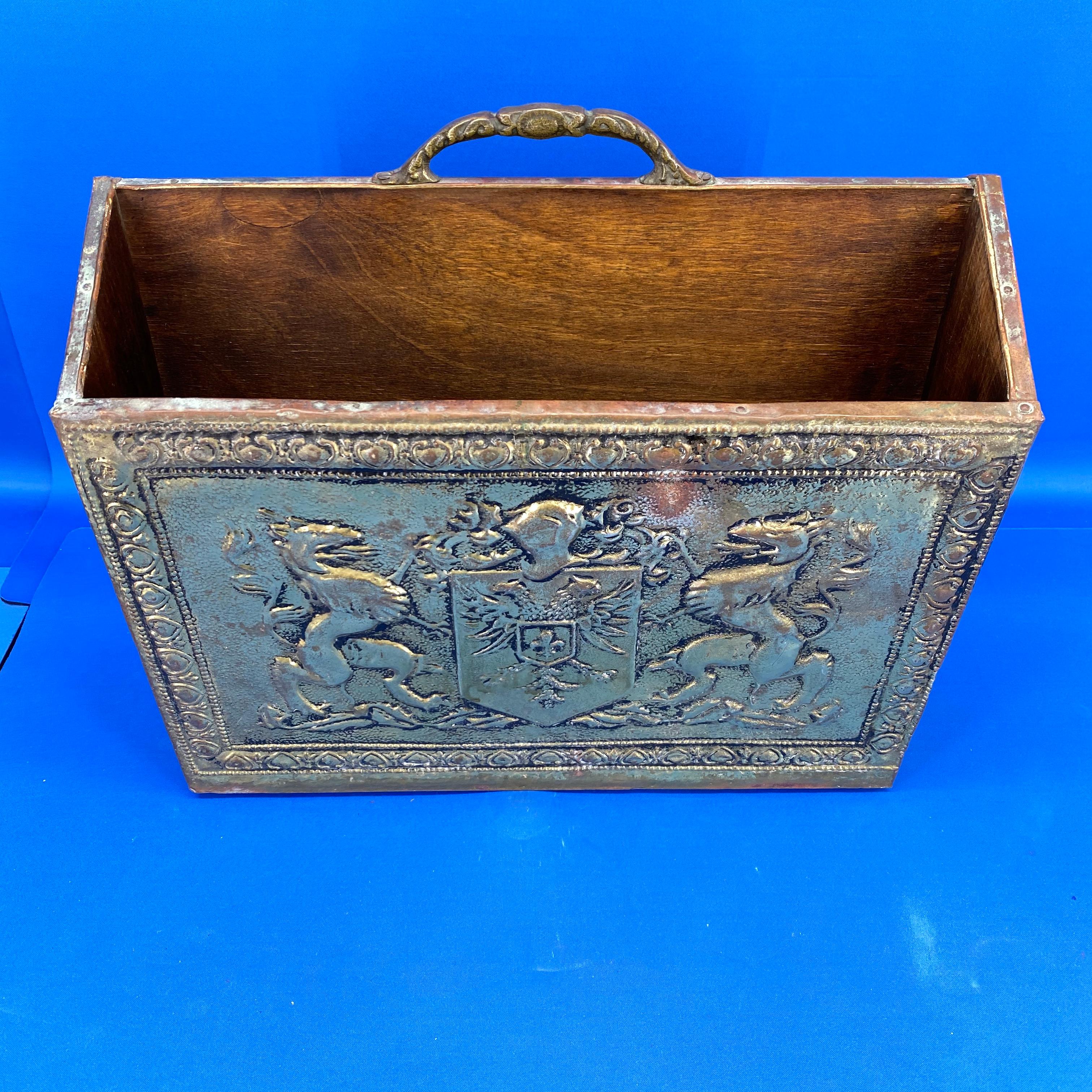 Early 20th Century Early Victorian Style Brass Magazine Rack With Code Of Arms, Griffins And Eagles