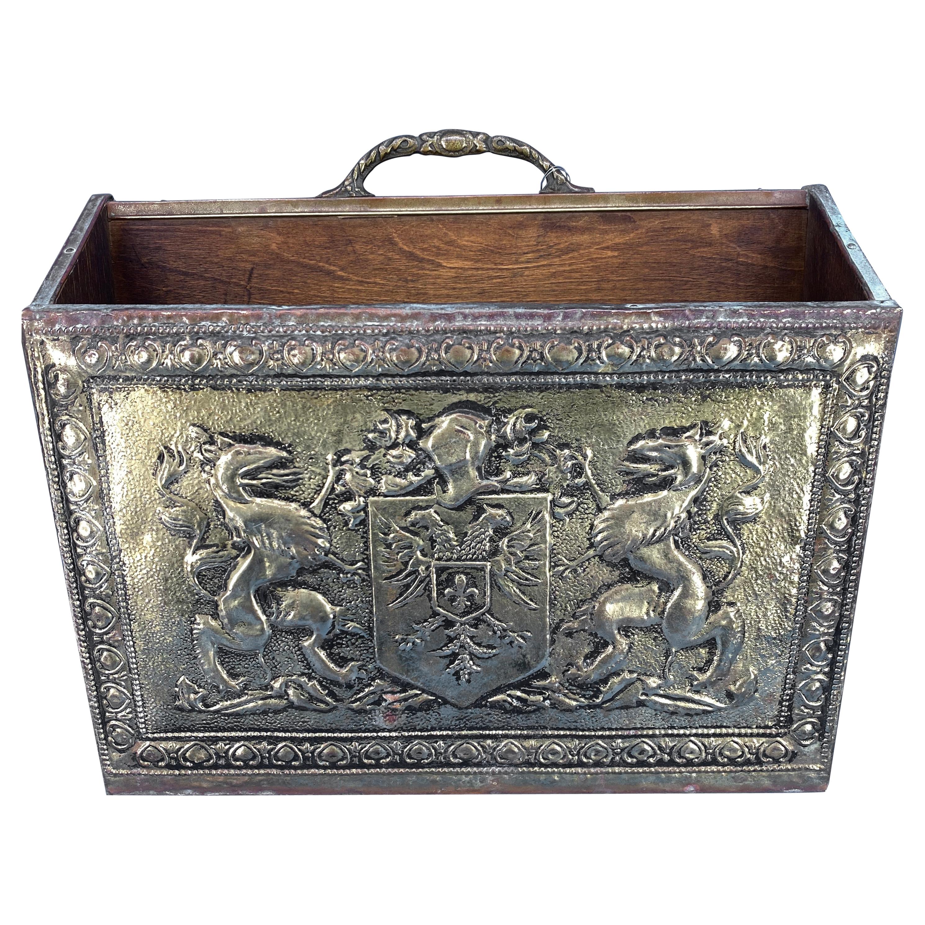 Early Victorian Style Brass Magazine Rack With Code Of Arms, Griffins And Eagles