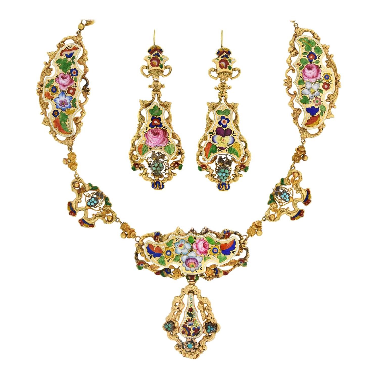 Early Victorian Swiss Enamel Necklace and Earring Set