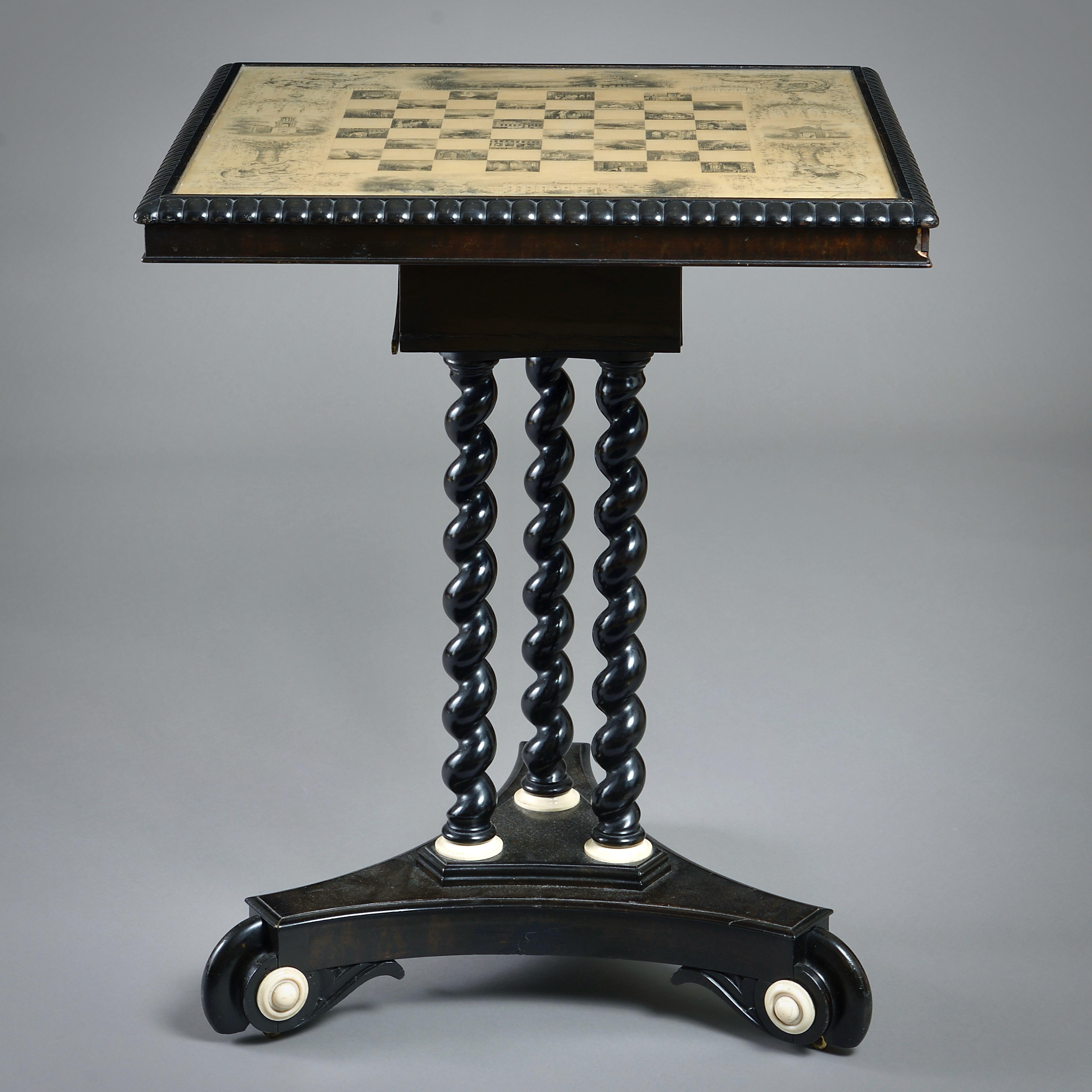 AN EARLY VICTORIAN IVORY-MOUNTED EBONY AND EBONISED TILT-TOP TABLE, DECORATED EN GRISAILLE WITH VIGNETTES OF WENTWORTH WOODHOUSE, 1841.

Signed A. M. Tomlinson and dated 1841.