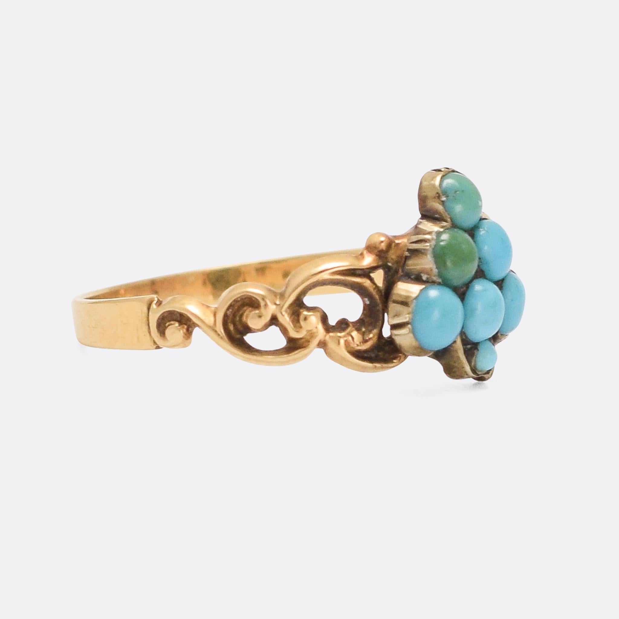 A sweet early Victorian ring, the head fashioned as a bunch of grapes and set with seven turquoise cabochons. It features ornate scrolled openwork shoulders, and it's modelled in 15k gold throughout.

STONES 
Turquoise

RING SIZE
6.25