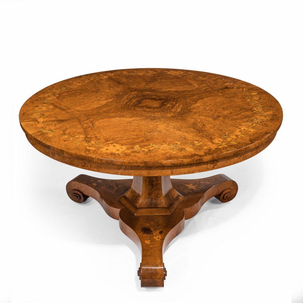 English Early Victorian Walnut Marquetry Centre Table be Edward Holmes Baldock