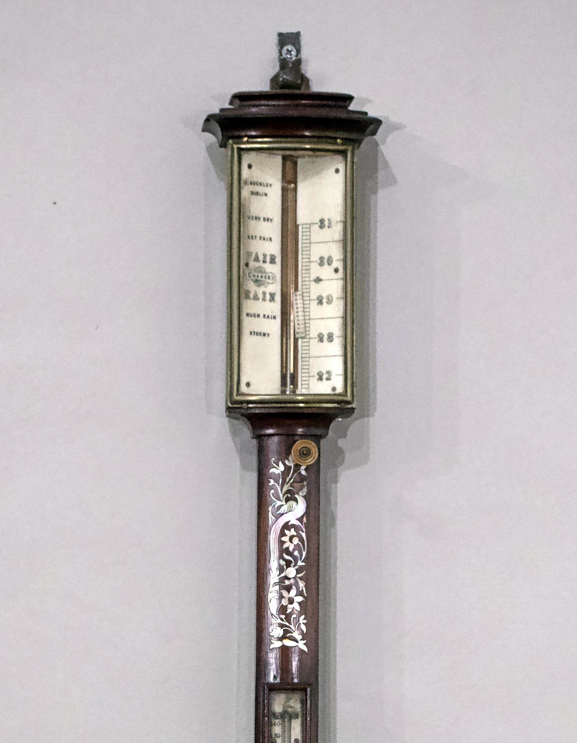 Early Victorian walnut with mother of pearl inlayed stick barometer, 19th century.
