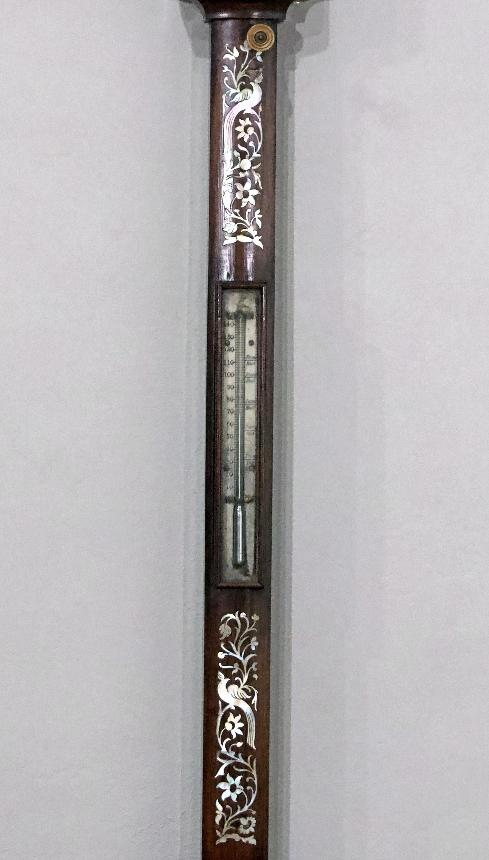 English Early Victorian Walnut with Mother of Pearl Inlayed Stick Barometer For Sale