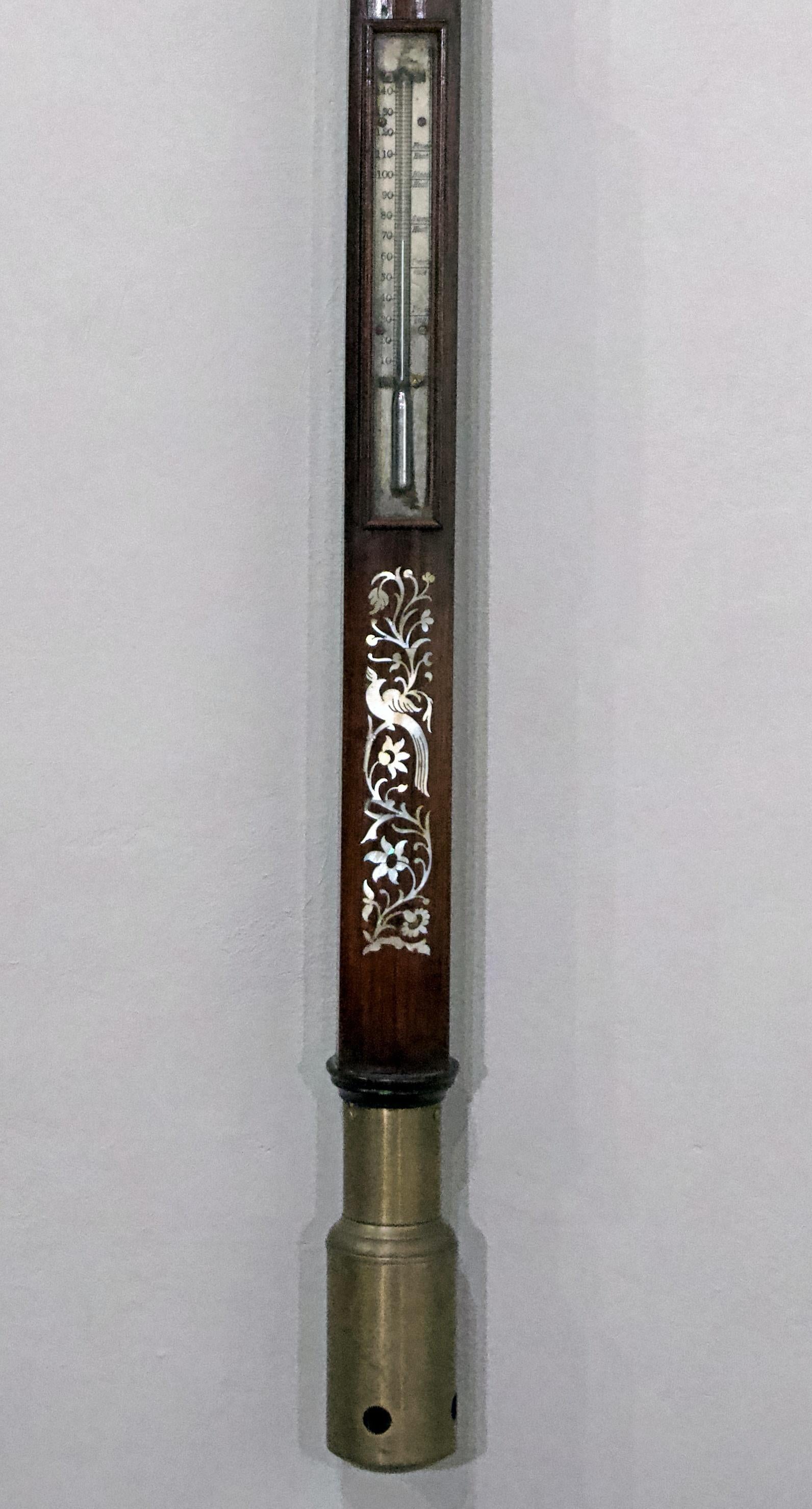 Early Victorian Walnut with Mother of Pearl Inlayed Stick Barometer In Good Condition For Sale In New York, NY