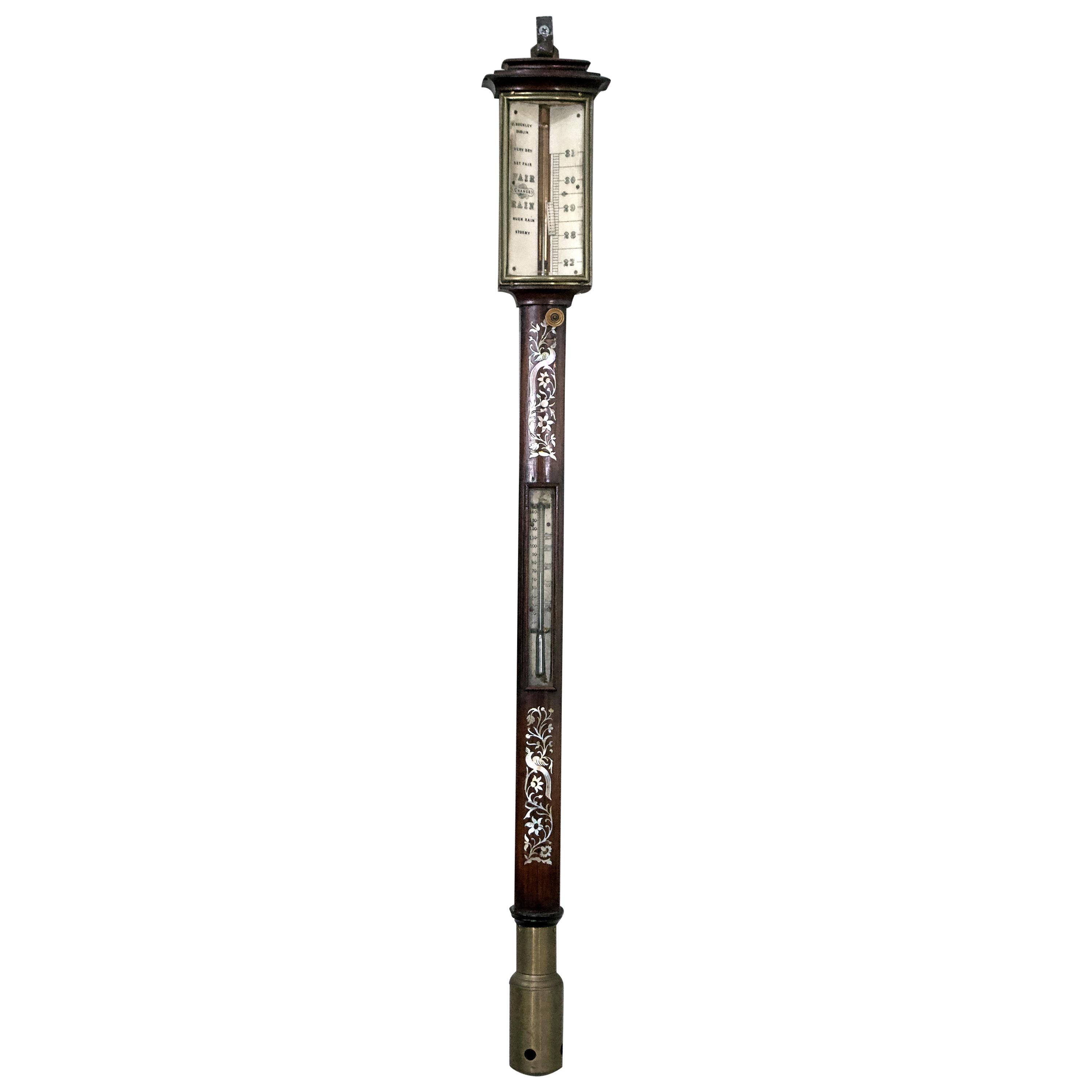 Early Victorian Walnut with Mother of Pearl Inlayed Stick Barometer For Sale
